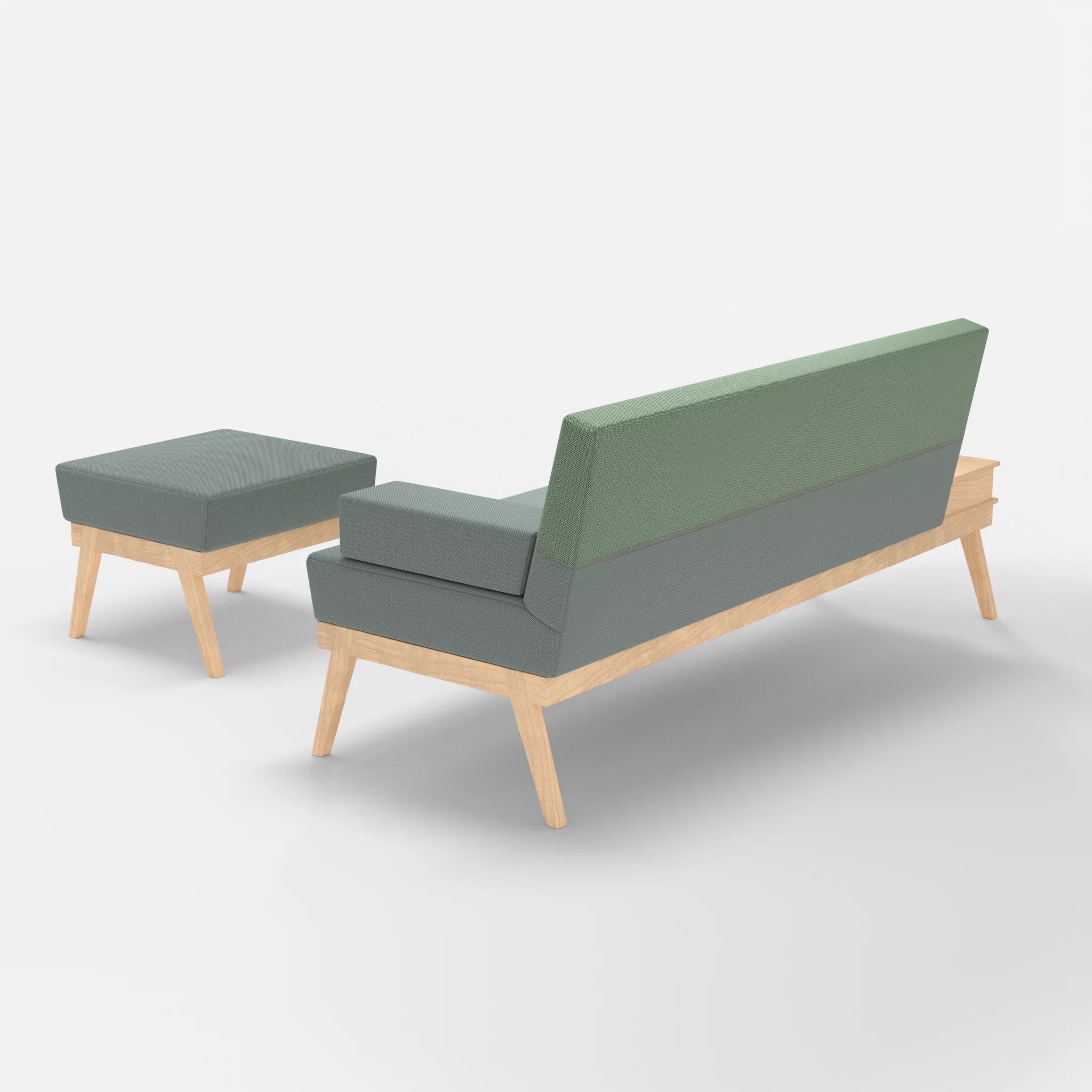 3er Sitzsofa Bauz mit Ablage links und Pouf credolake-credoaloe in Graublau und Hellgrün von hinten
