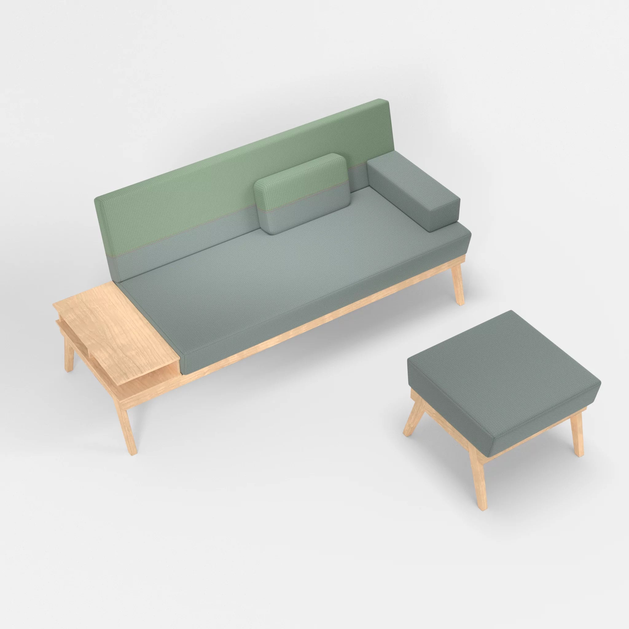 3er Sitzsofa Bauz mit Ablage links und Pouf credolake-credoaloe in Graublau und Hellgrün von oben