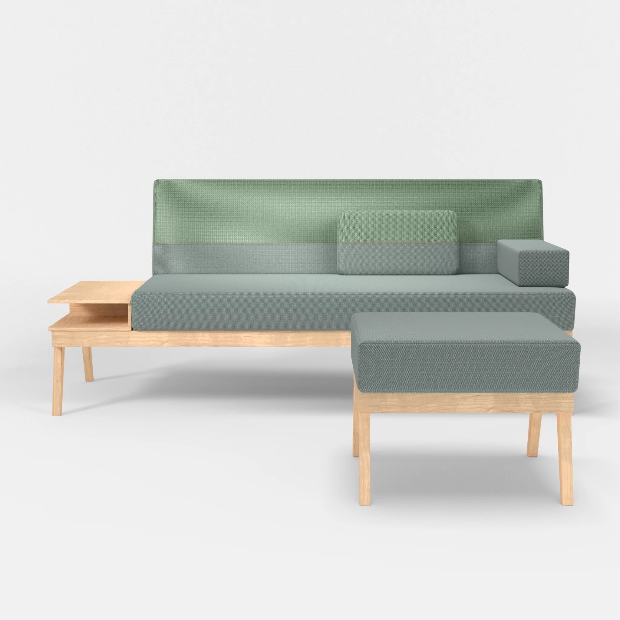 3er Sitzsofa Bauz mit Ablage links und Pouf credolake-credoaloe in Graublau und Hellgrün von vorne