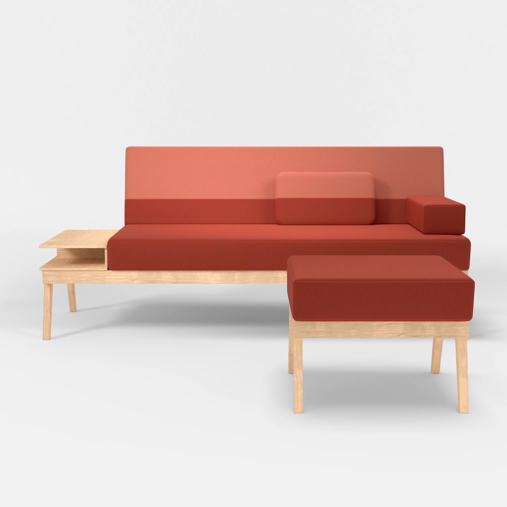 3er Sitzsofa Bauz mit Ablage links und Pouf credolampion-credograpefruit in Rot und Coral von vorne