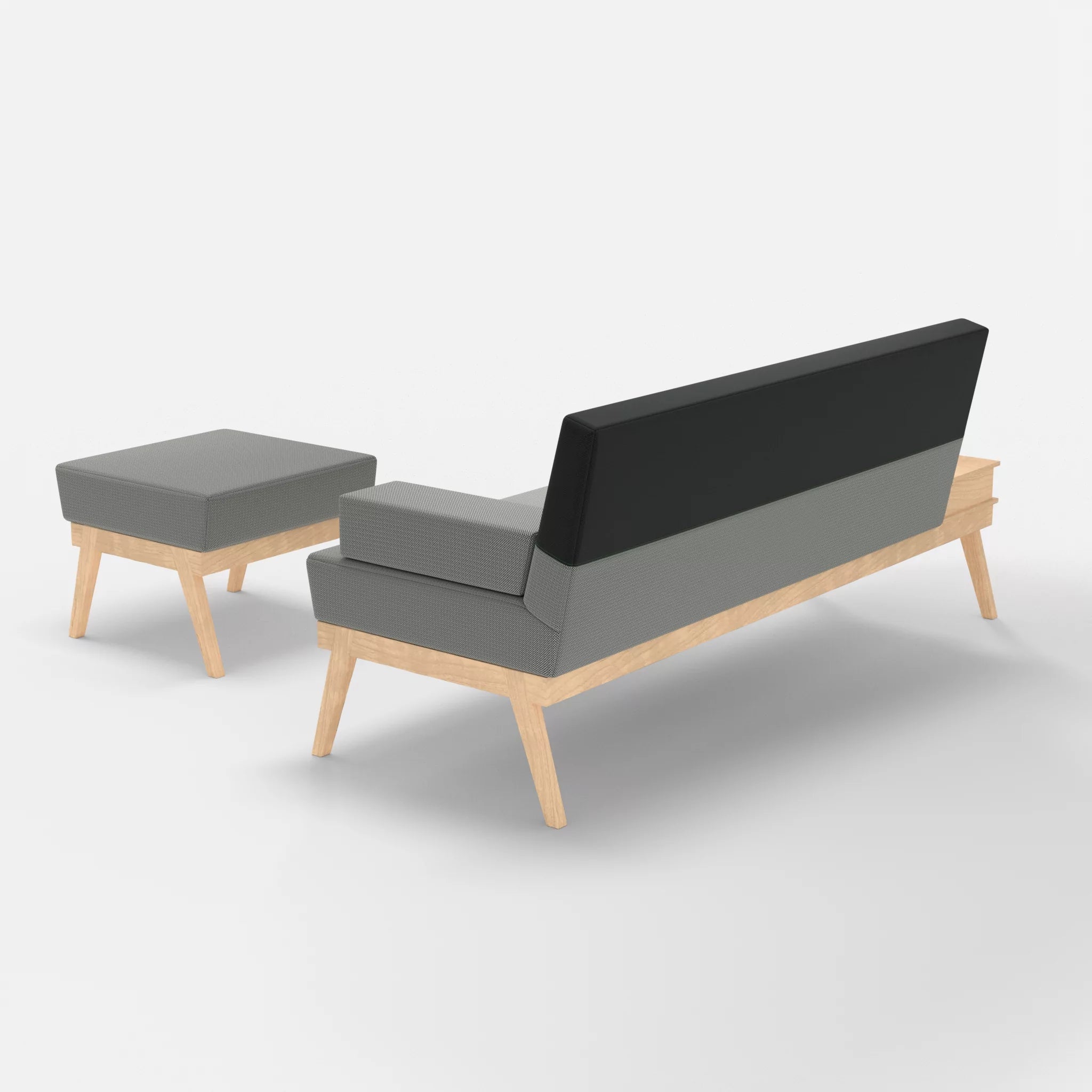 3er Sitzsofa Bauz mit Ablage links und Pouf credopepper-credoblack in Dunkelgrau und Schwarz von hinten