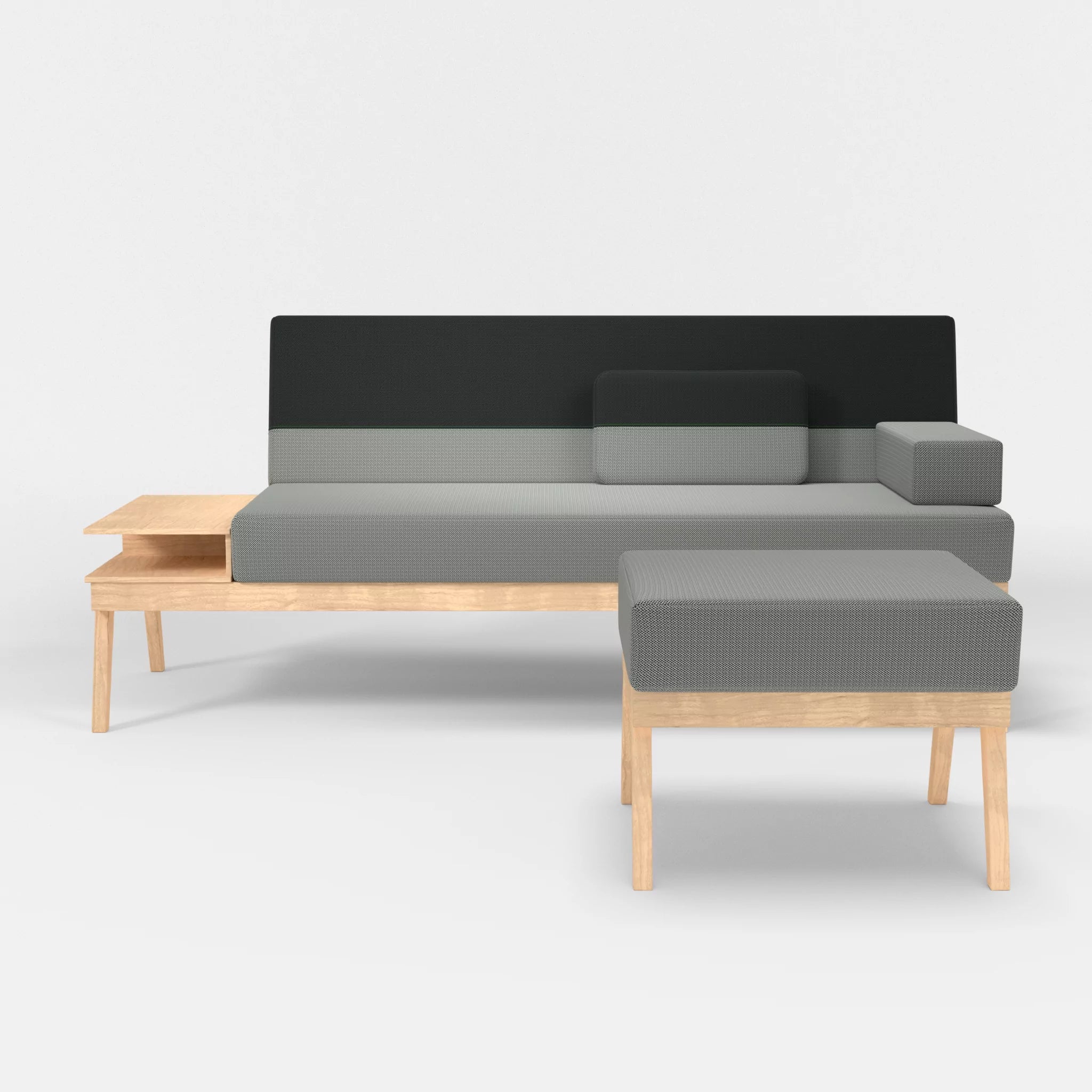 3er Sitzsofa Bauz mit Ablage links und Pouf credopepper-credoblack in Dunkelgrau und Schwarz von vorne