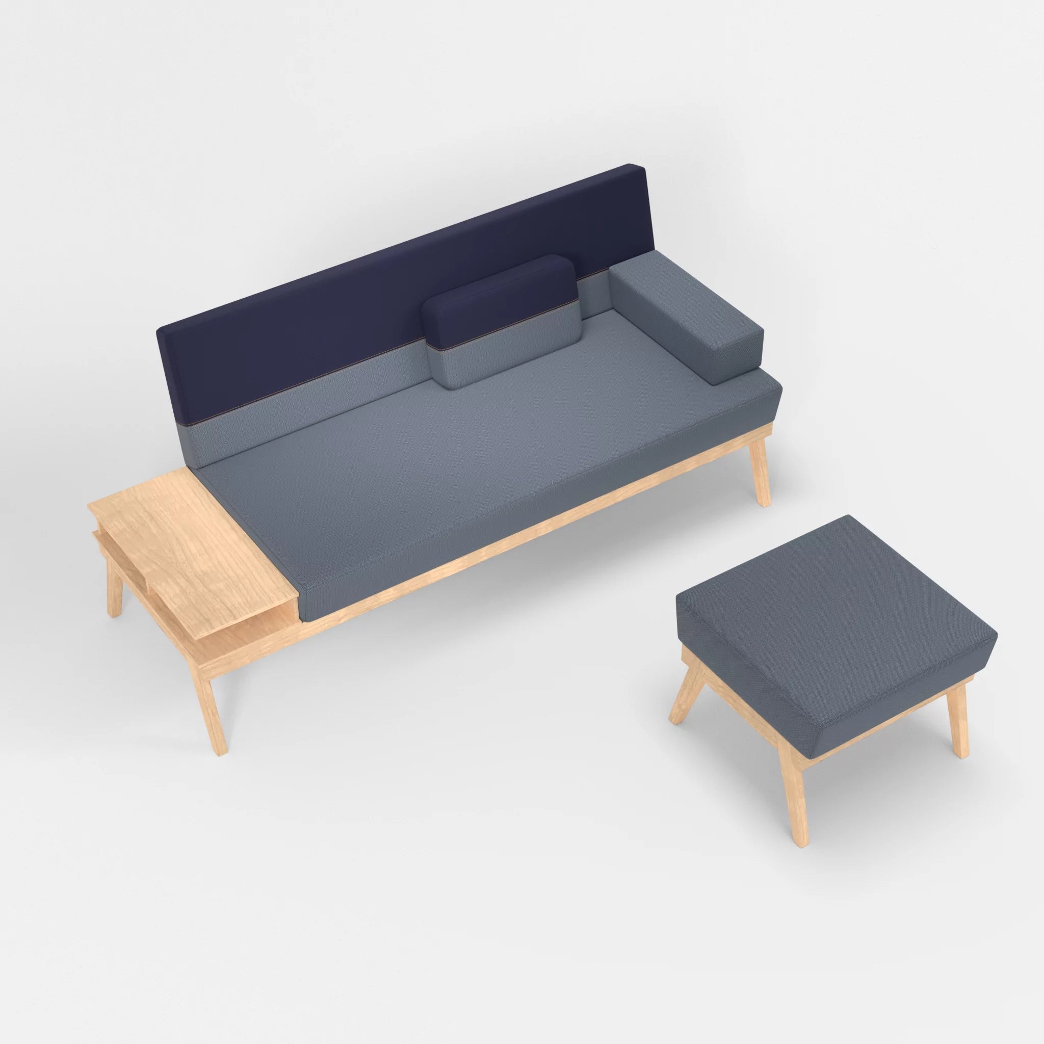 3er Sitzsofa Bauz mit Ablage links und Pouf credosea-credonavy in Blau und Navy von oben