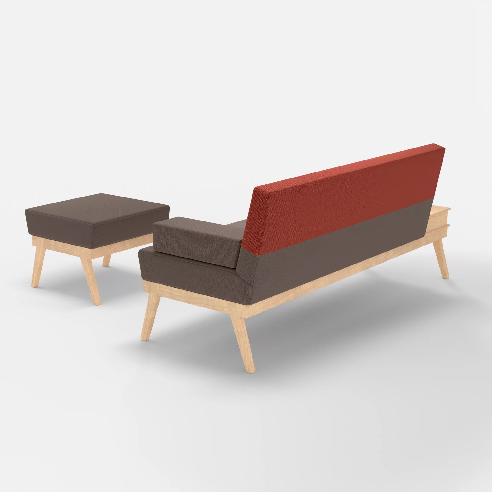 3er Sitzsofa Bauz mit Ablage links und Pouf credowalnut-credolampion in Dunkelgrau und Rot von hinten