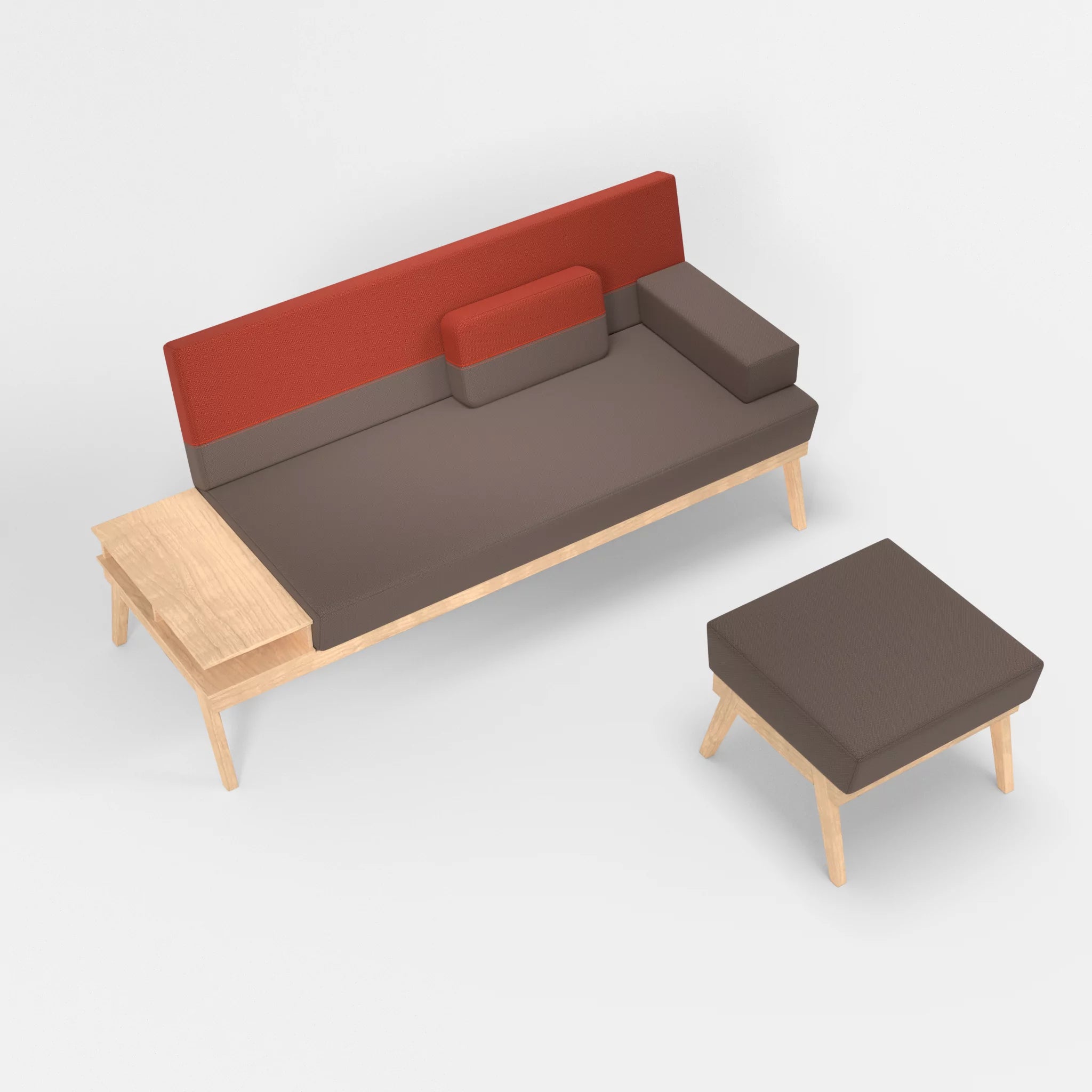 3er Sitzsofa Bauz mit Ablage links und Pouf credowalnut-credolampion in Dunkelgrau und Rot von oben