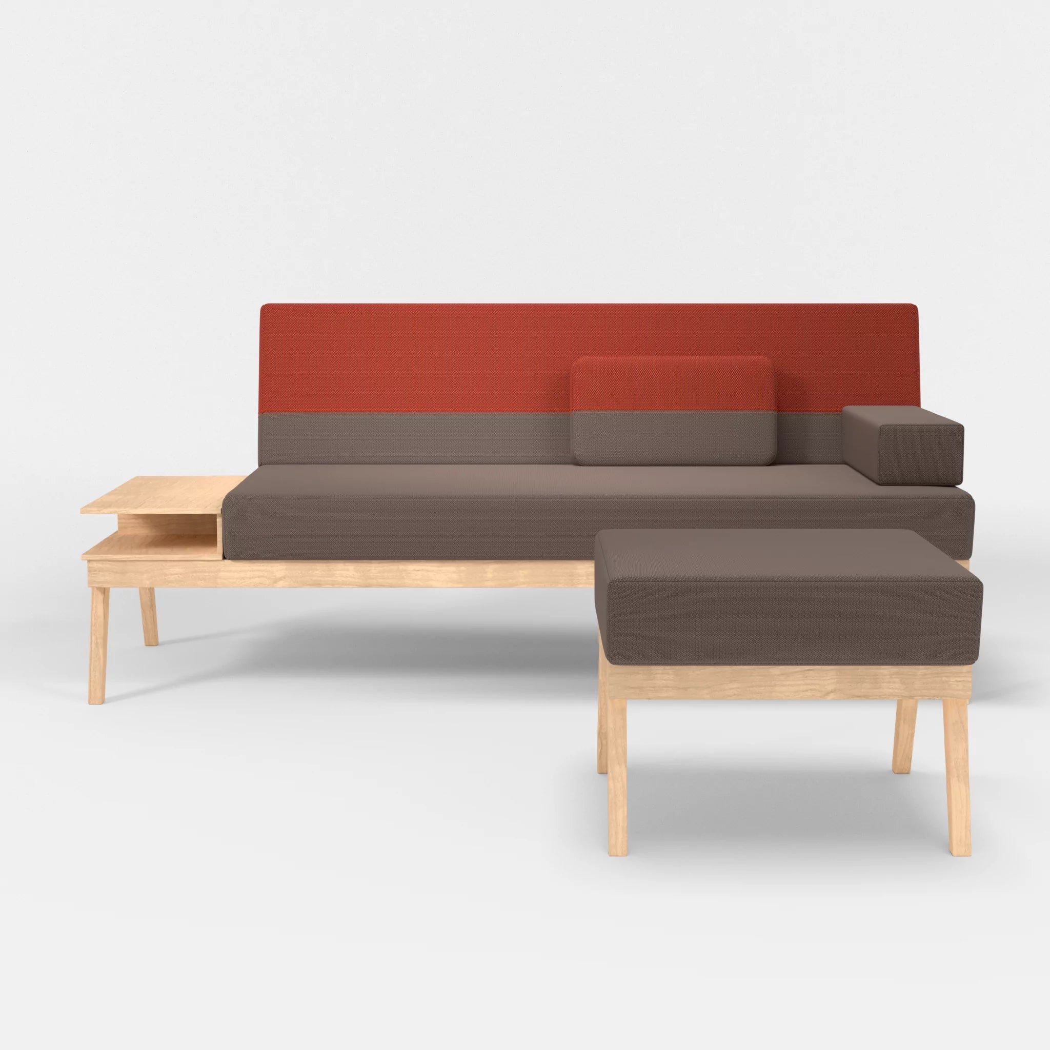 3er Sitzsofa Bauz mit Ablage links und Pouf credowalnut-credolampion in Dunkelgrau und Rot von vorne