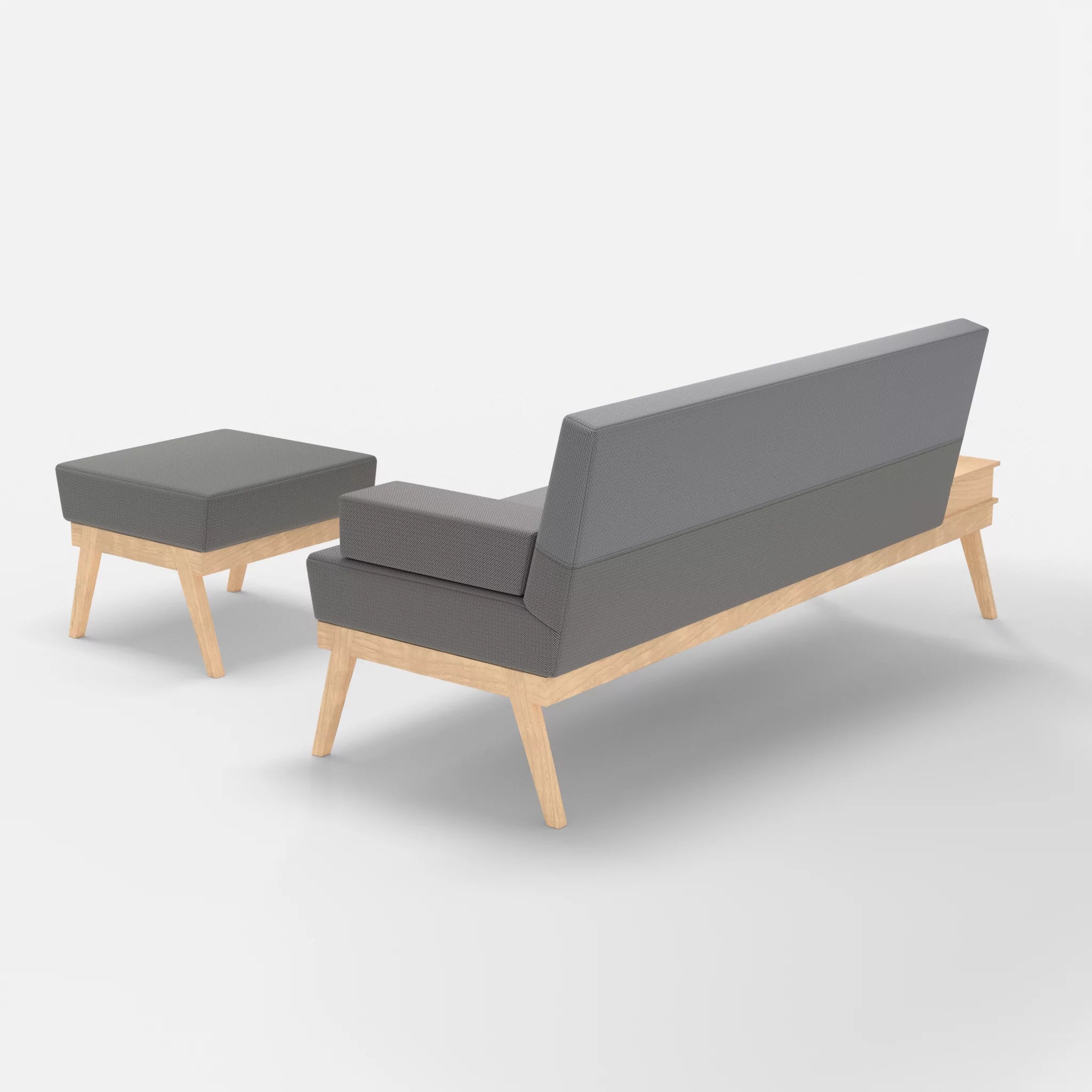 3er Sitzsofa Bauz mit Ablage links und Pouf credozinn-credochalk in Mittelgrau und Hellgrau von hinten