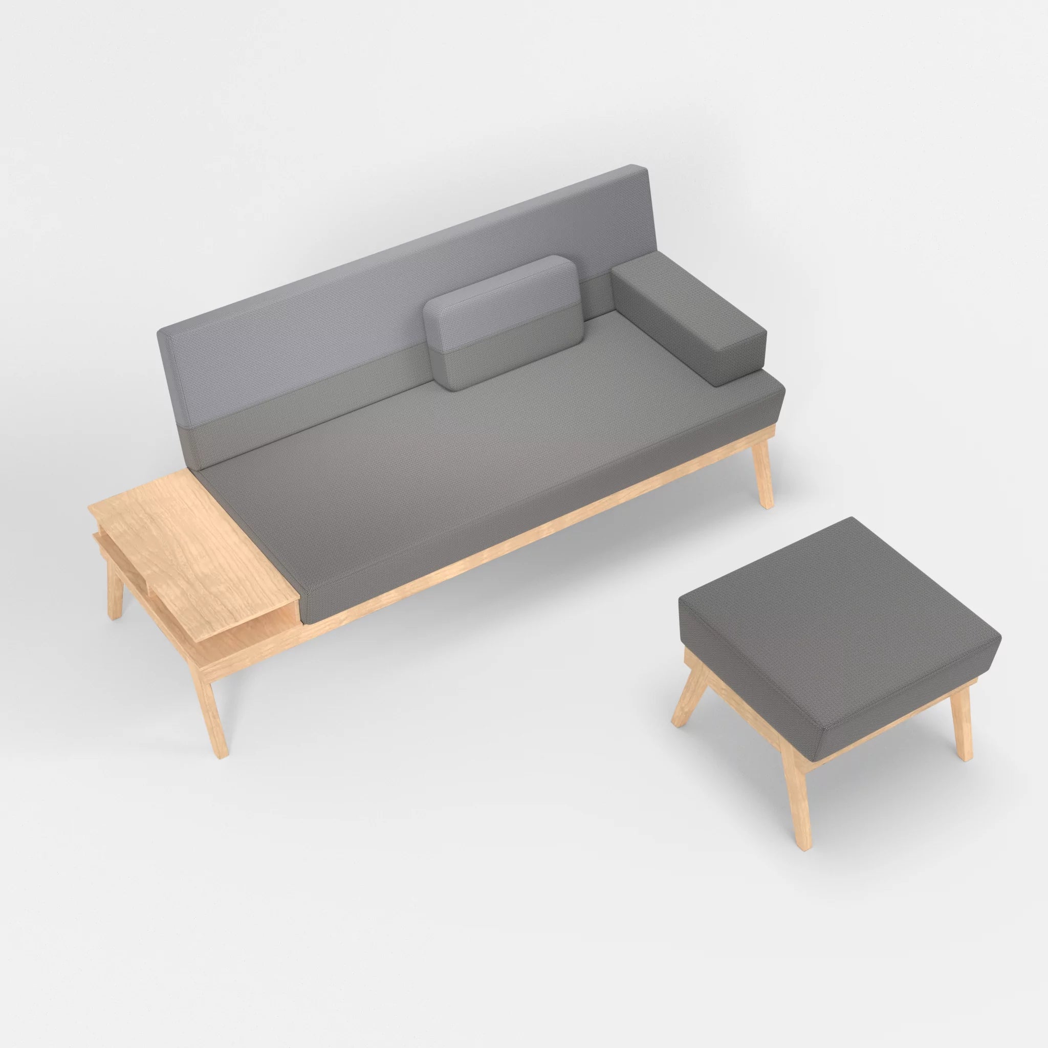3er Sitzsofa Bauz mit Ablage links und Pouf credozinn-credochalk in Mittelgrau und Hellgrau von oben