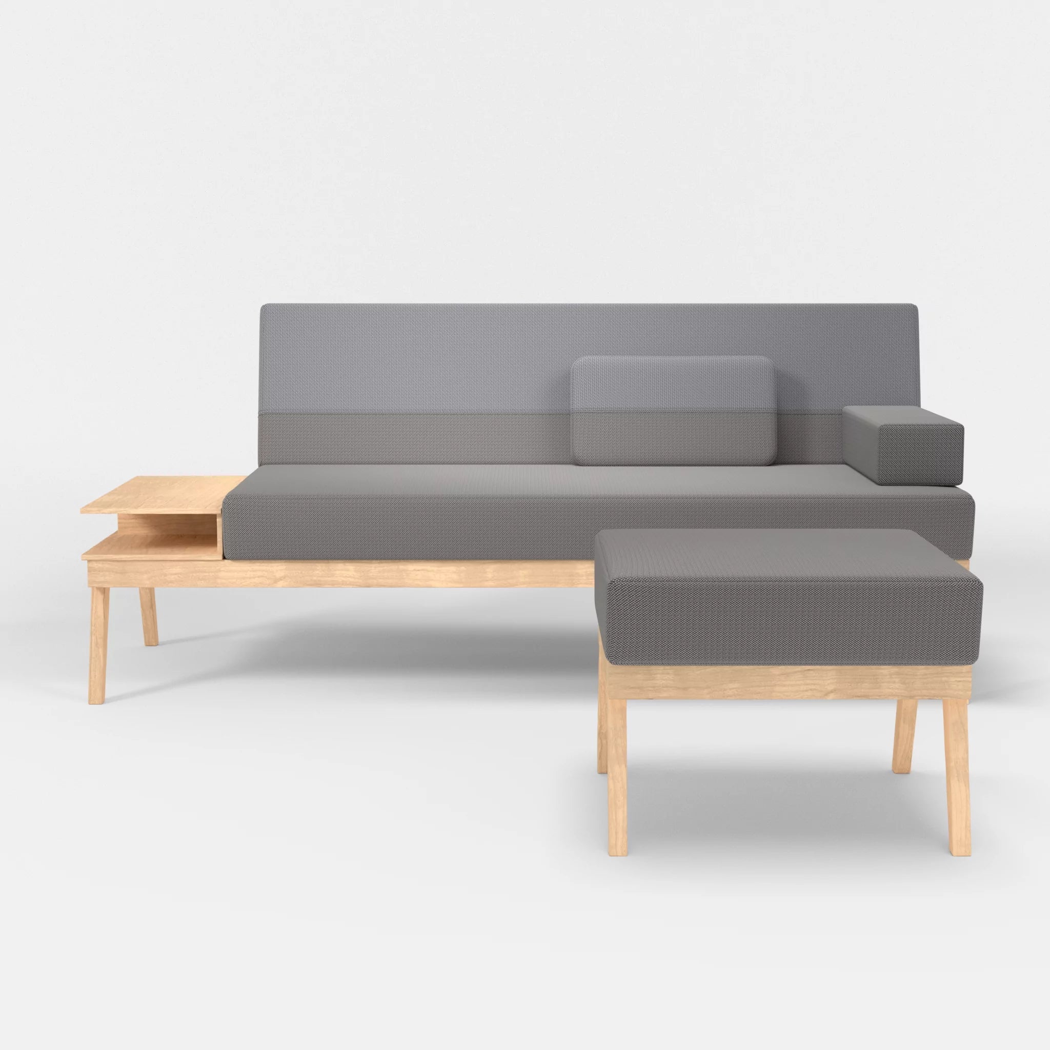 3er Sitzsofa Bauz mit Ablage links und Pouf credozinn-credochalk in Mittelgrau und Hellgrau von vorne