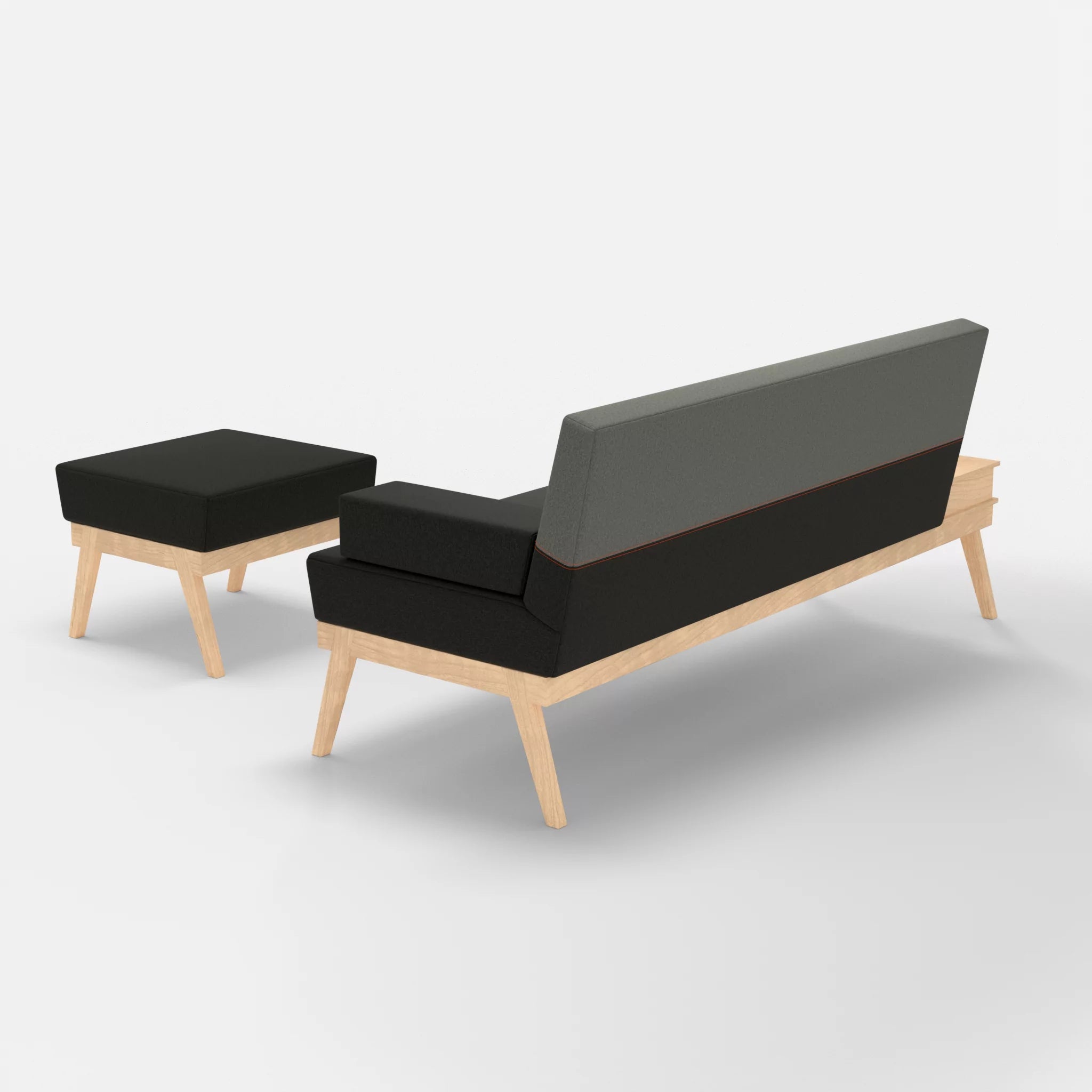 3er Sitzsofa Bauz mit Ablage links und Pouf dama0002-dama0003 in Anthrazit und Mittelgrau von hinten