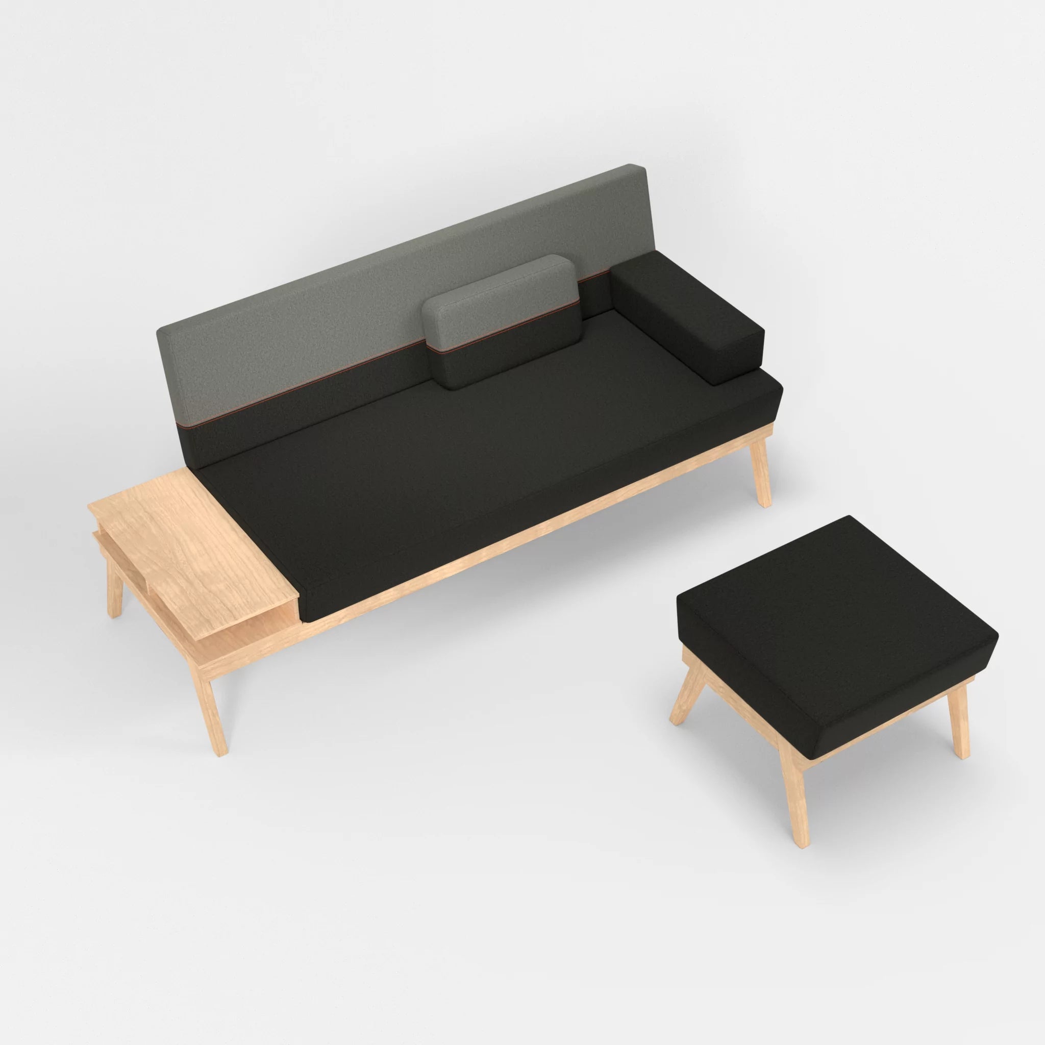 3er Sitzsofa Bauz mit Ablage links und Pouf dama0002-dama0003 in Anthrazit und Mittelgrau von oben