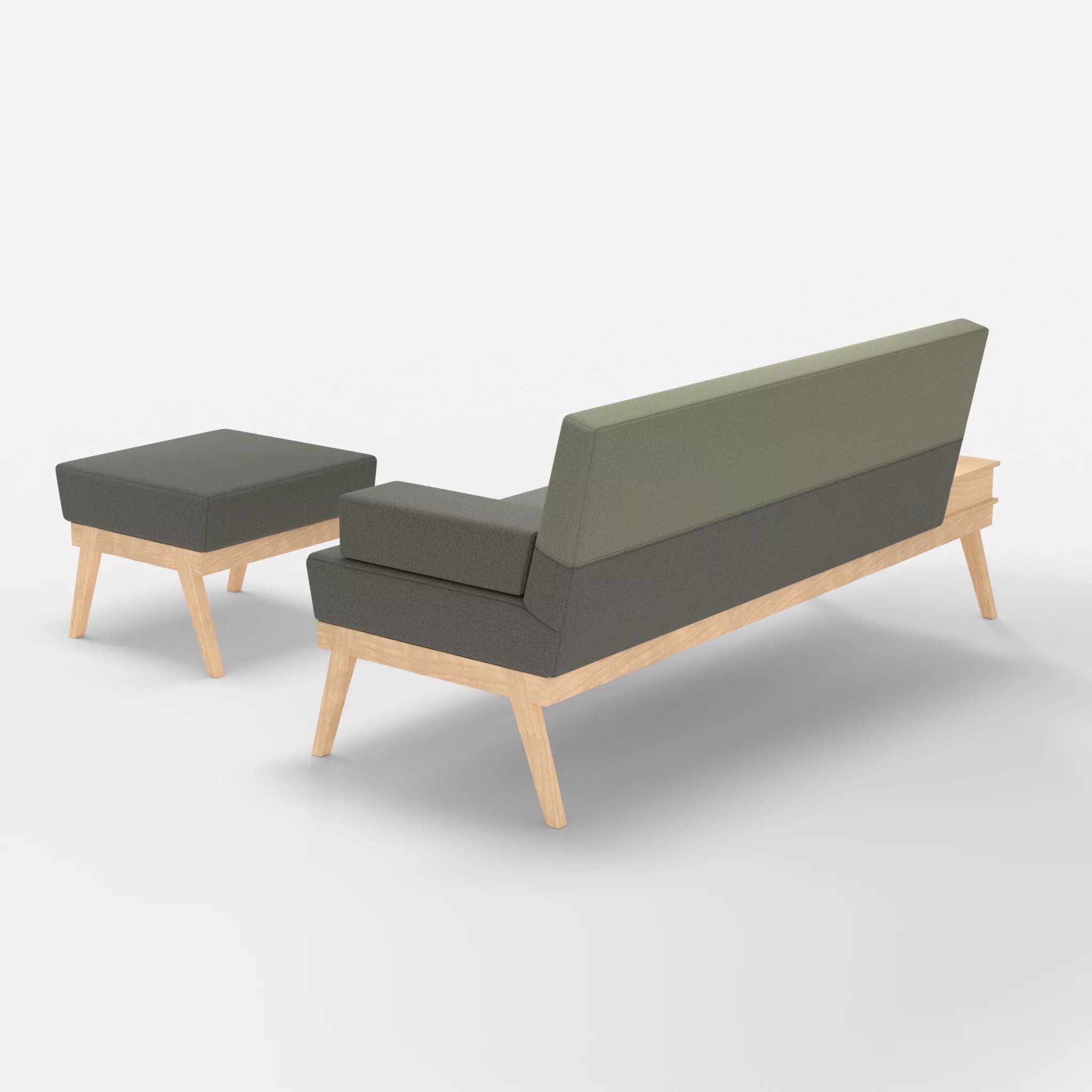 3er Sitzsofa Bauz mit Ablage links und Pouf dama0003-dama0057 in Mittelgrau und Hellgrau von hinten