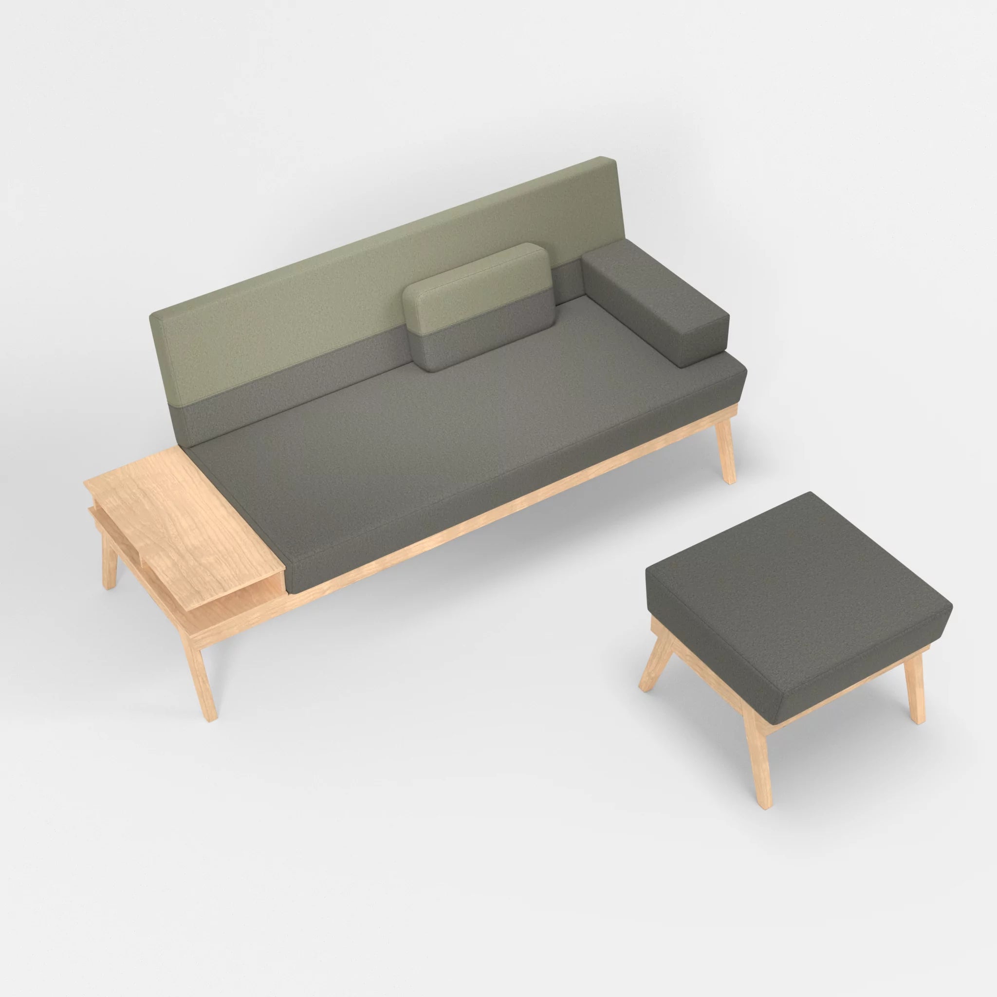 3er Sitzsofa Bauz mit Ablage links und Pouf dama0003-dama0057 in Mittelgrau und Hellgrau von oben