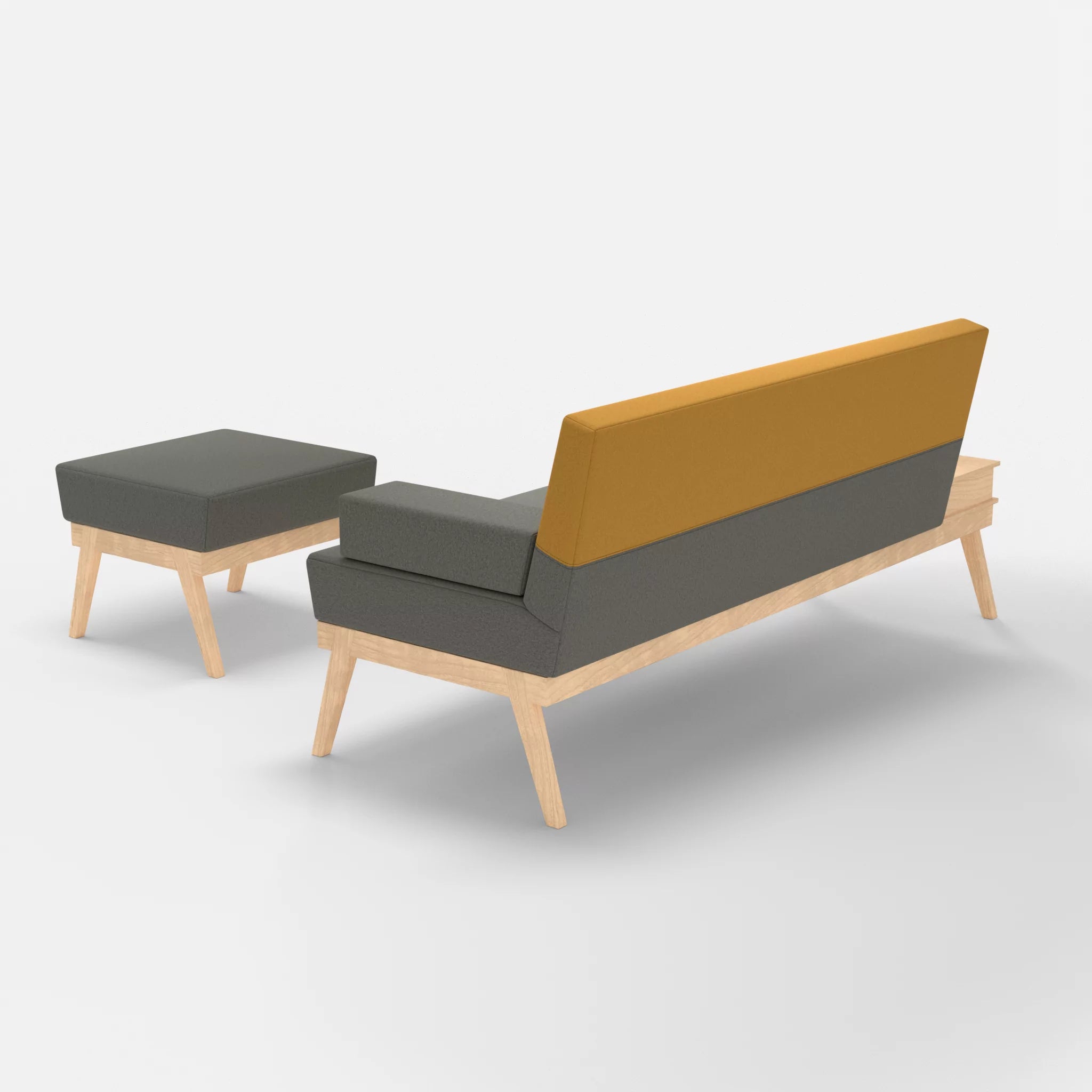 3er Sitzsofa Bauz mit Ablage links und Pouf dama0003-dama0081 in Mittelgrau und Curry von hinten