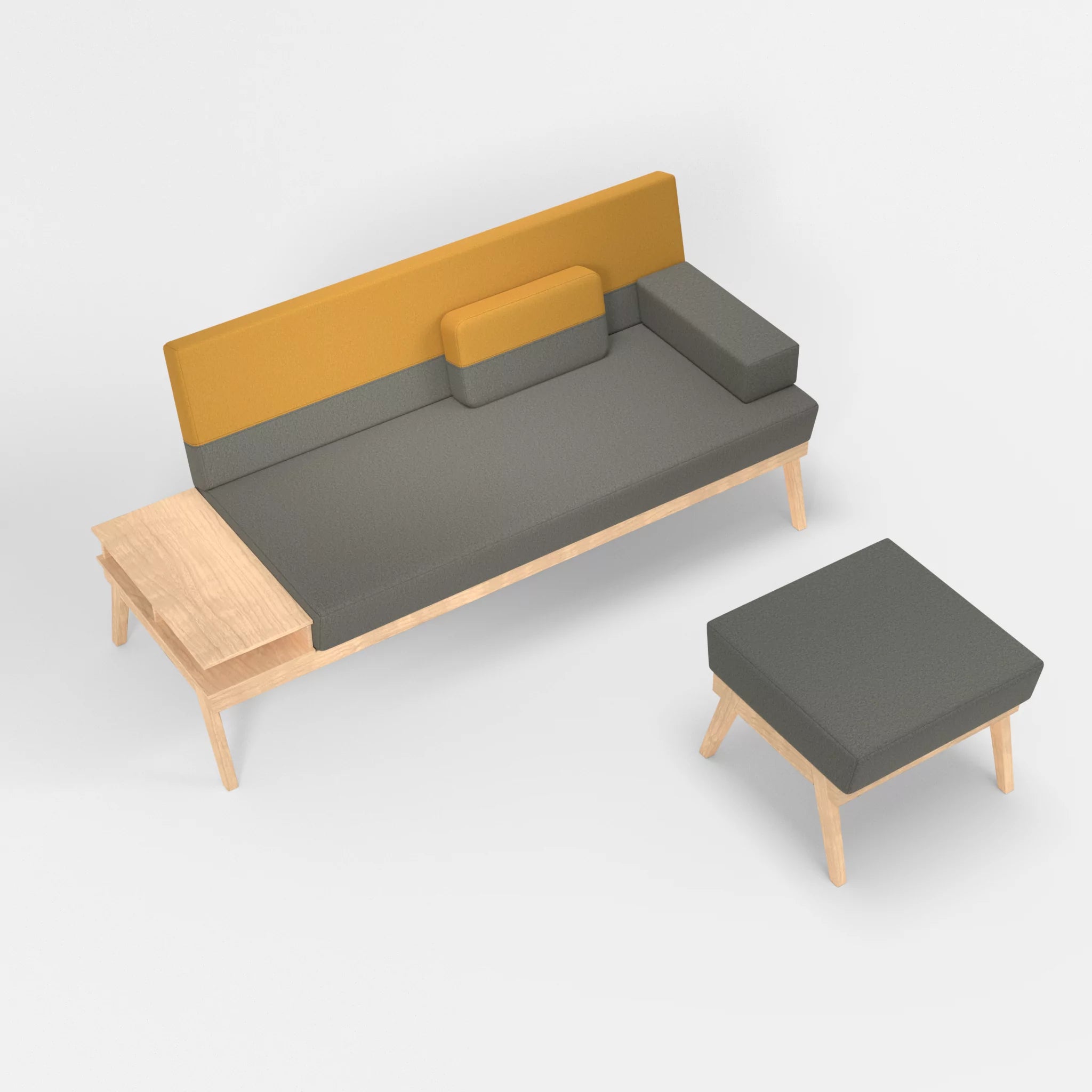 3er Sitzsofa Bauz mit Ablage links und Pouf dama0003-dama0081 in Mittelgrau und Curry von oben