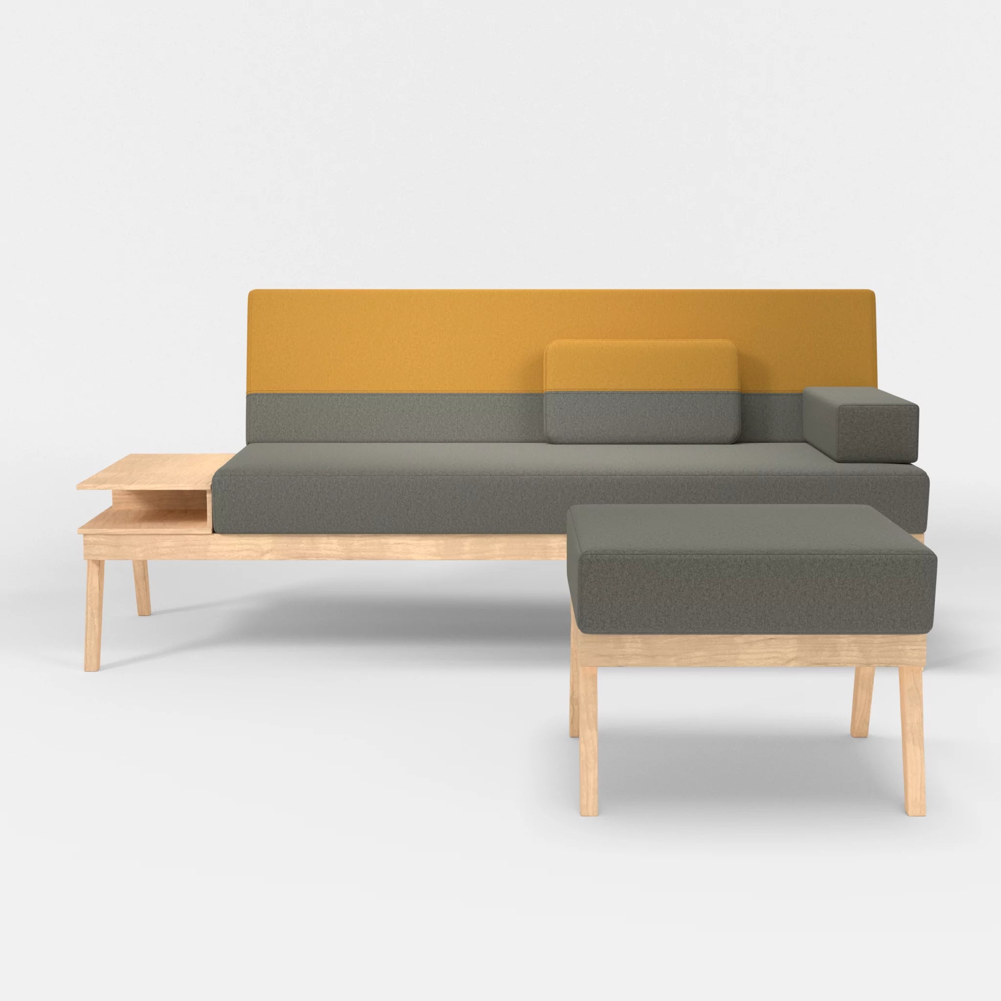 3er Sitzsofa Bauz mit Ablage links und Pouf dama0003-dama0081 in Mittelgrau und Curry von vorne
