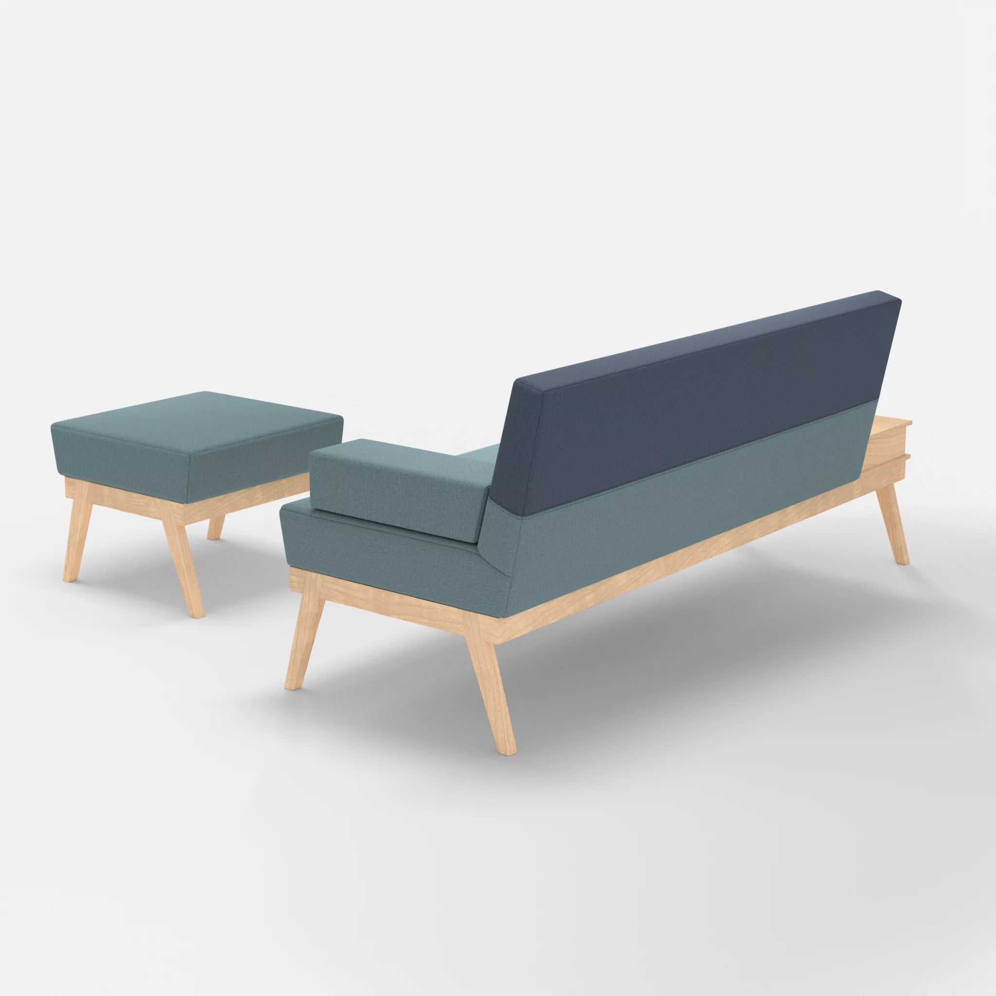 3er Sitzsofa Bauz mit Ablage links und Pouf dama0016-dama0075 in Hellblau und Blau von hinten
