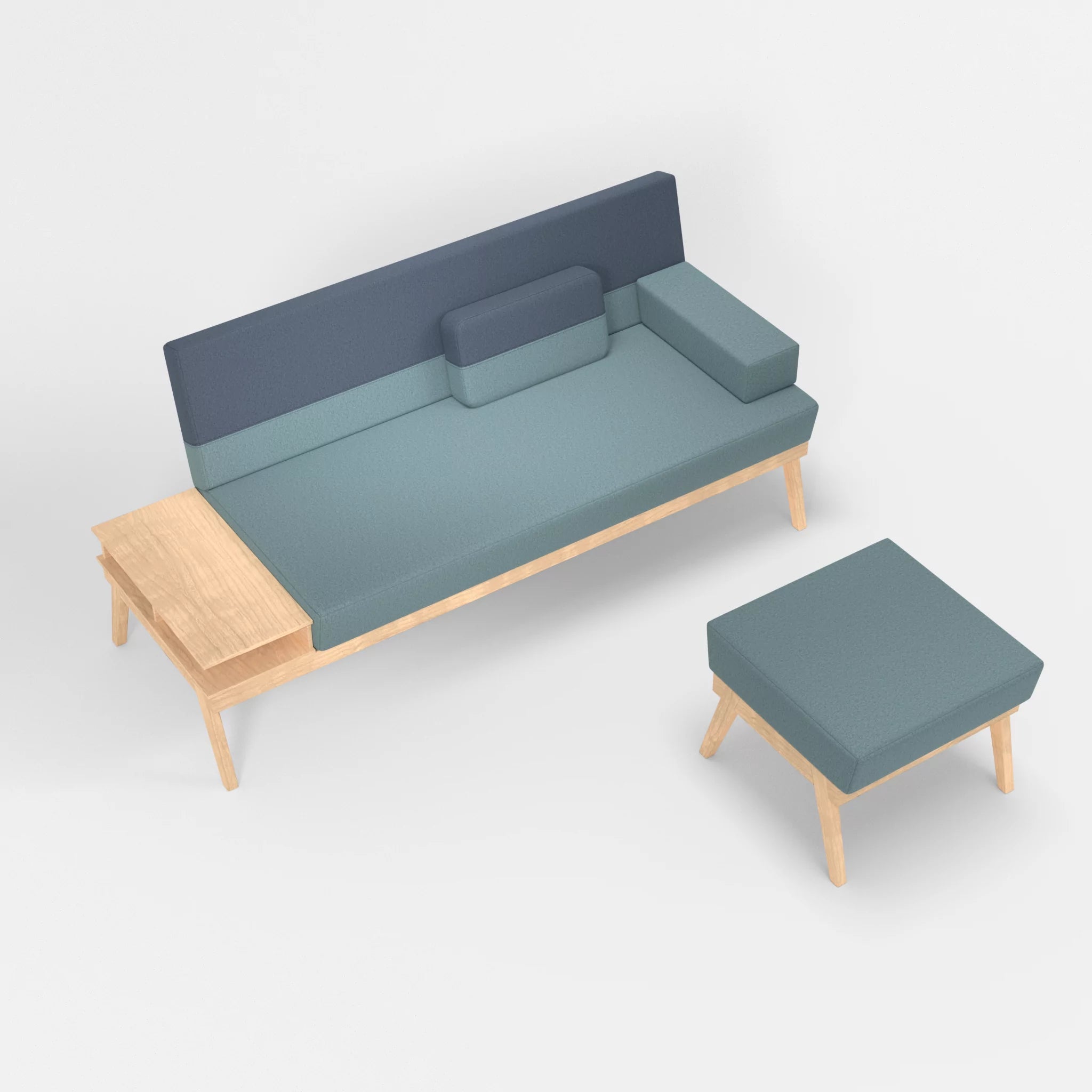 3er Sitzsofa Bauz mit Ablage links und Pouf dama0016-dama0075 in Hellblau und Blau von oben