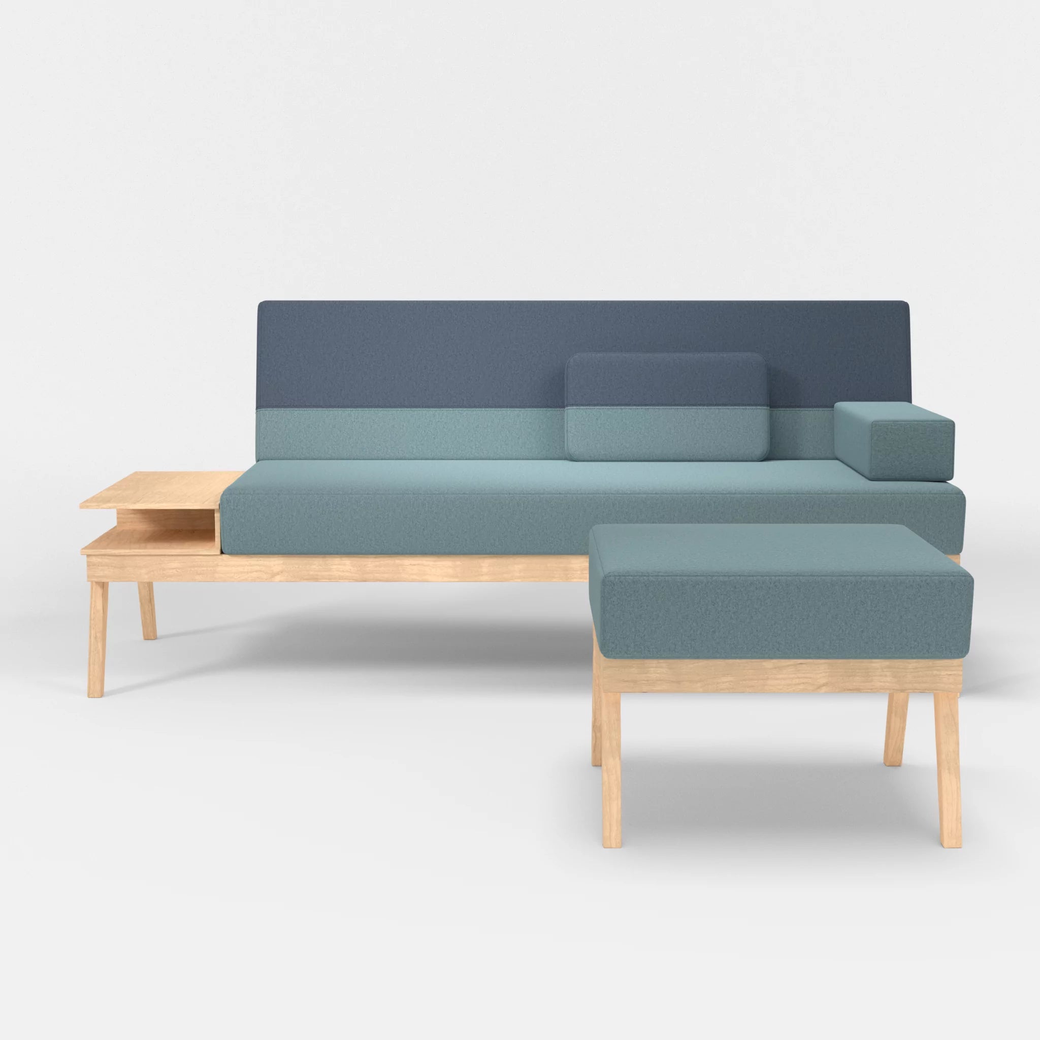 3er Sitzsofa Bauz mit Ablage links und Pouf dama0016-dama0075 in Hellblau und Blau von vorne