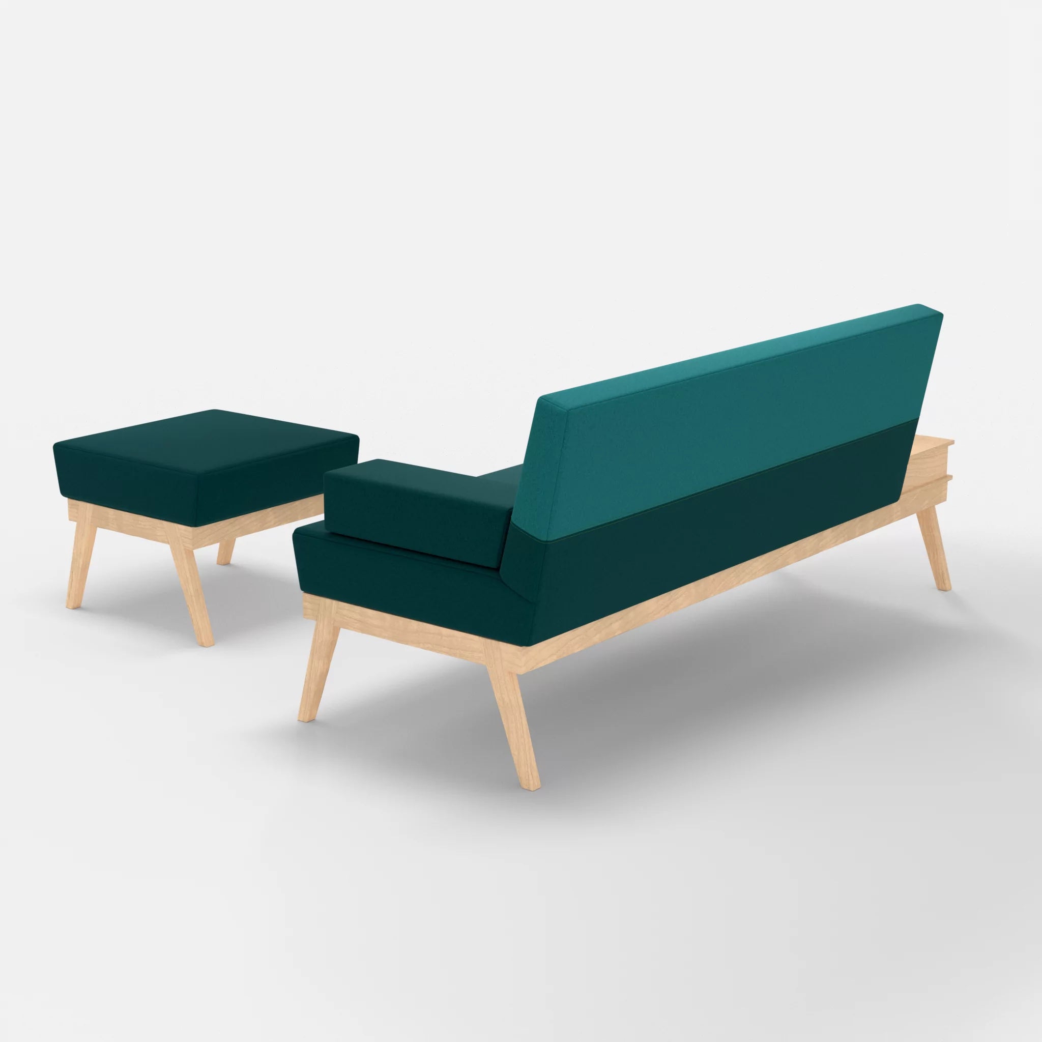 3er Sitzsofa Bauz mit Ablage links und Pouf dama0018-dama0076 in Türkis und Türkis von hinten