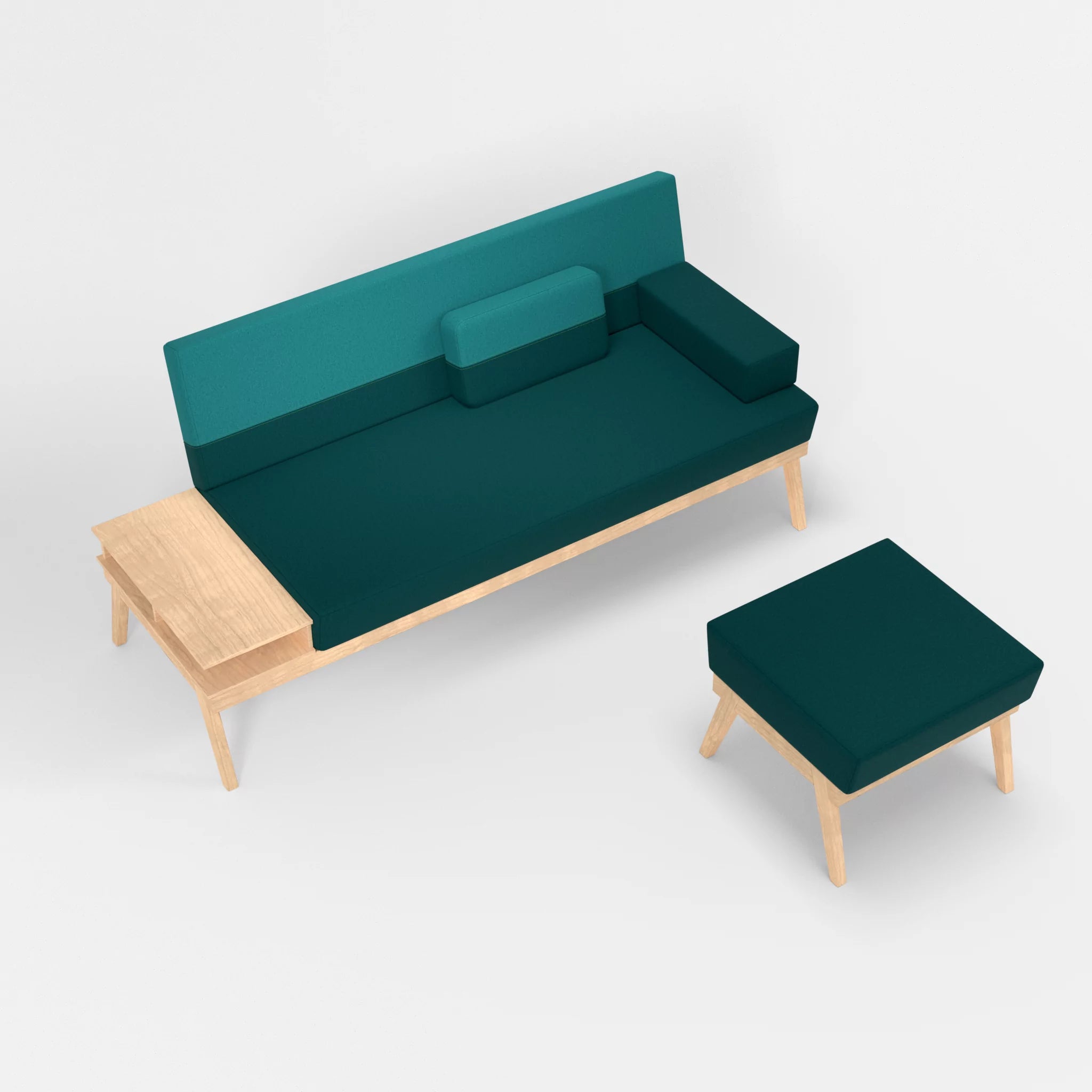 3er Sitzsofa Bauz mit Ablage links und Pouf dama0018-dama0076 in Türkis und Türkis von oben