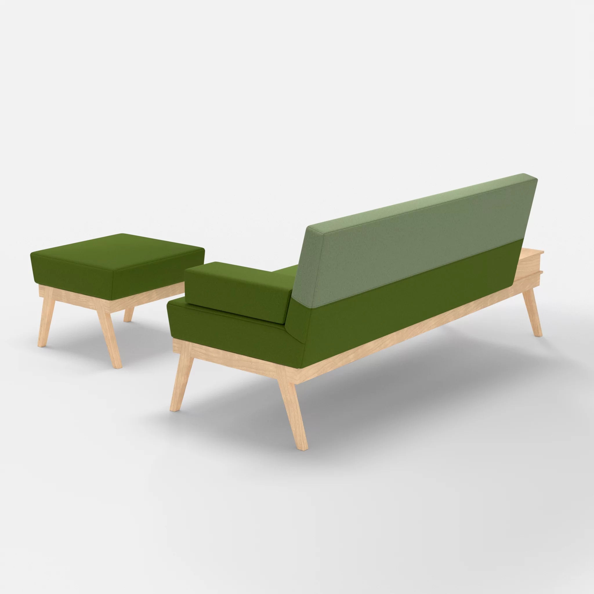 3er Sitzsofa Bauz mit Ablage links und Pouf dama0027-dama0042 in Grün und Hellgrün von hinten
