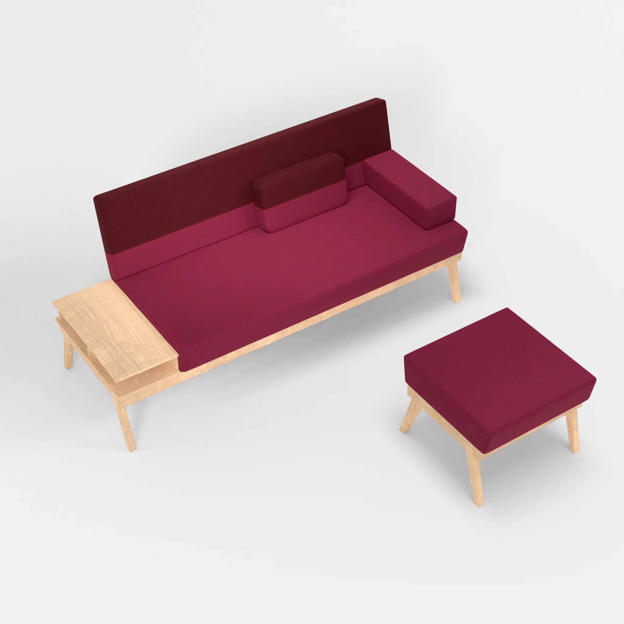 3er Sitzsofa Bauz mit Ablage links und Pouf dama0034-dama0050 in Bordeaux und Fuchsia von oben