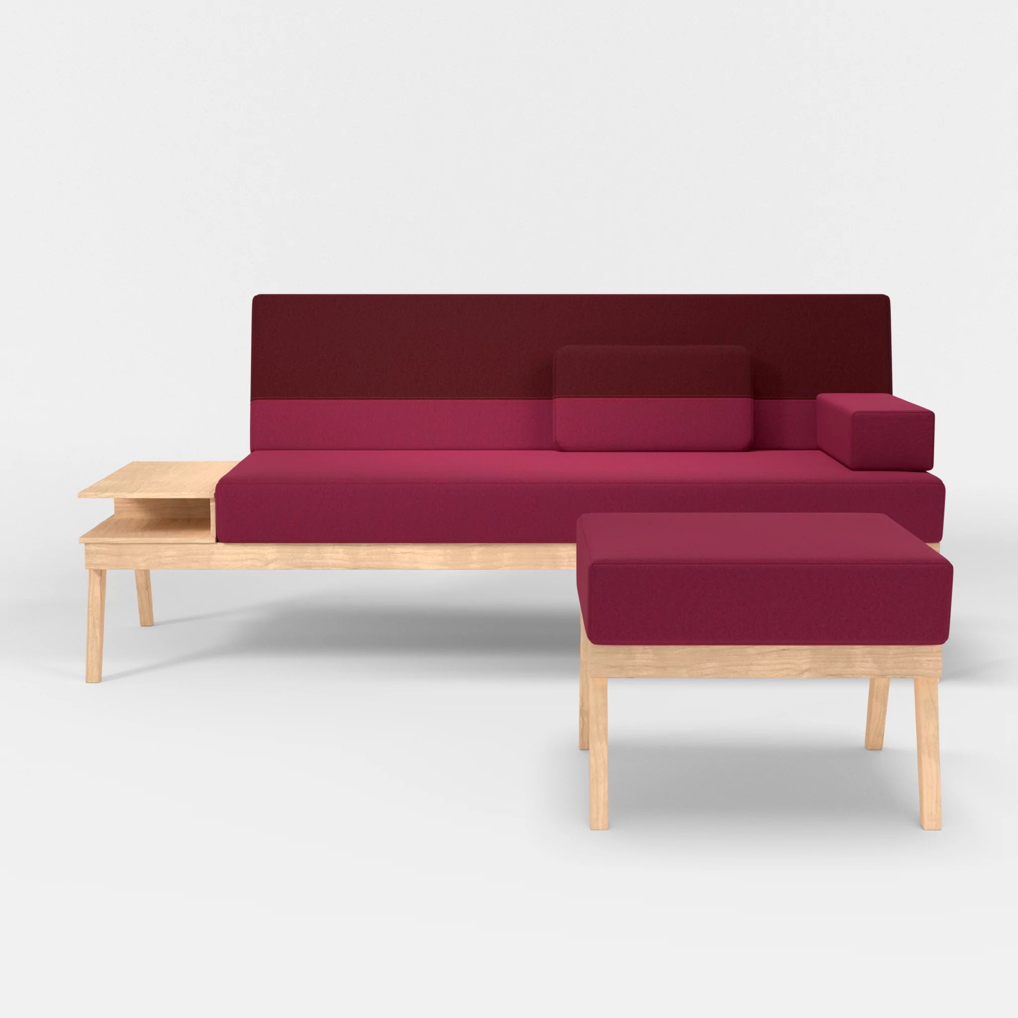 3er Sitzsofa Bauz mit Ablage links und Pouf dama0034-dama0050 in Bordeaux und Fuchsia von vorne