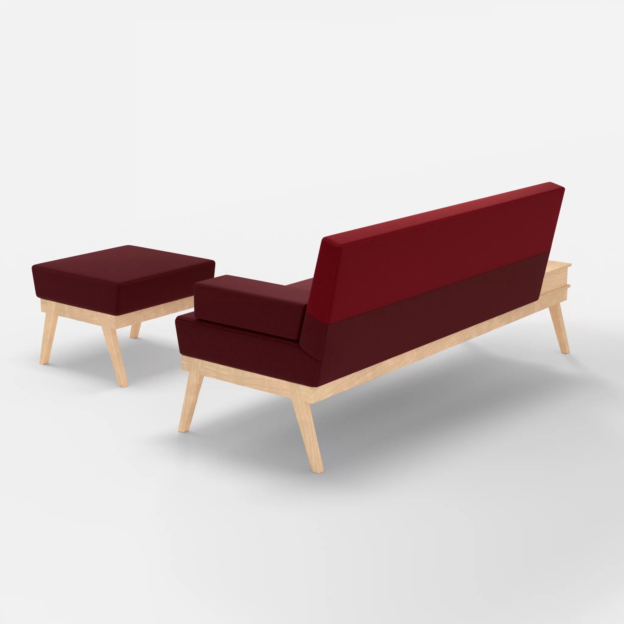 3er Sitzsofa Bauz mit Ablage links und Pouf dama0034-dama0053 in Bordeaux und Rot von hinten