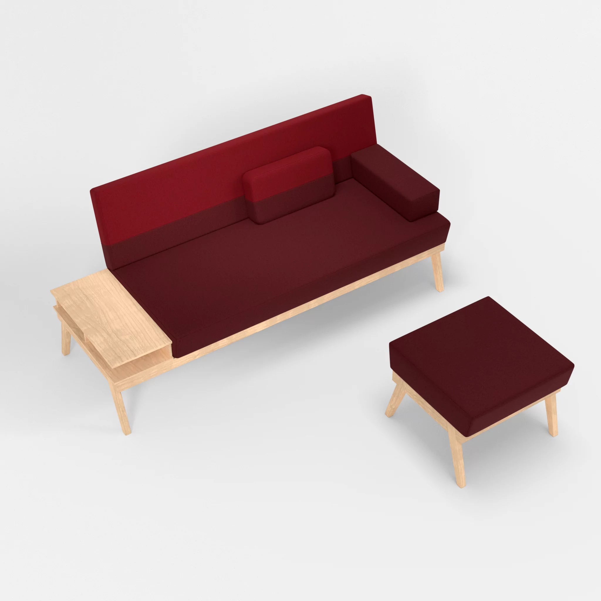 3er Sitzsofa Bauz mit Ablage links und Pouf dama0034-dama0053 in Bordeaux und Rot von oben