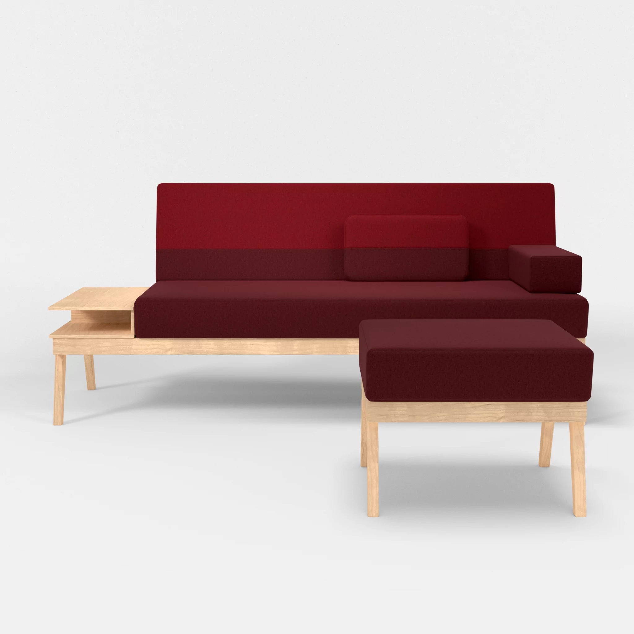 3er Sitzsofa Bauz mit Ablage links und Pouf dama0034-dama0053 in Bordeaux und Rot von vorne