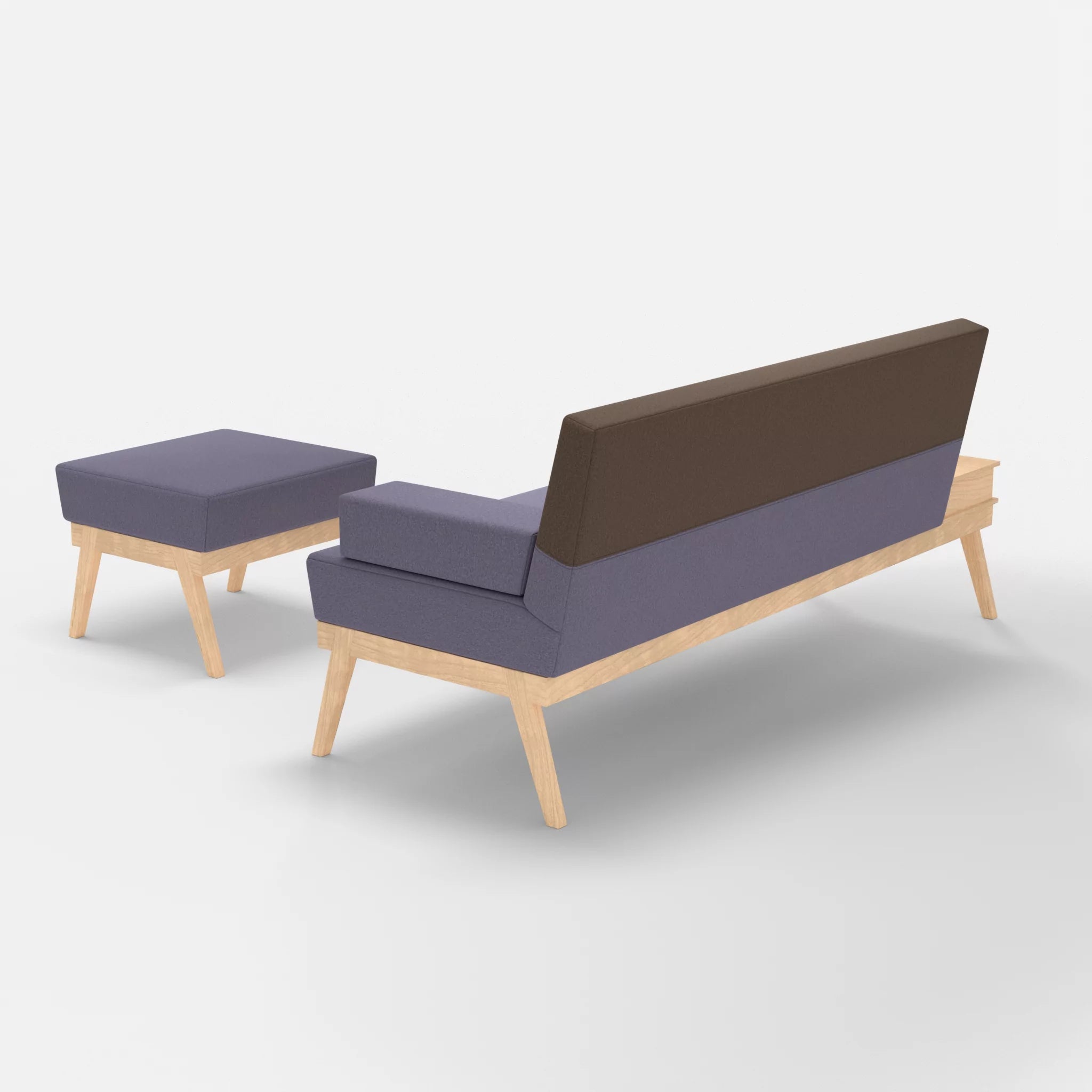 3er Sitzsofa Bauz mit Ablage links und Pouf dama0039-dama0051 in Flieder und Braun von hinten