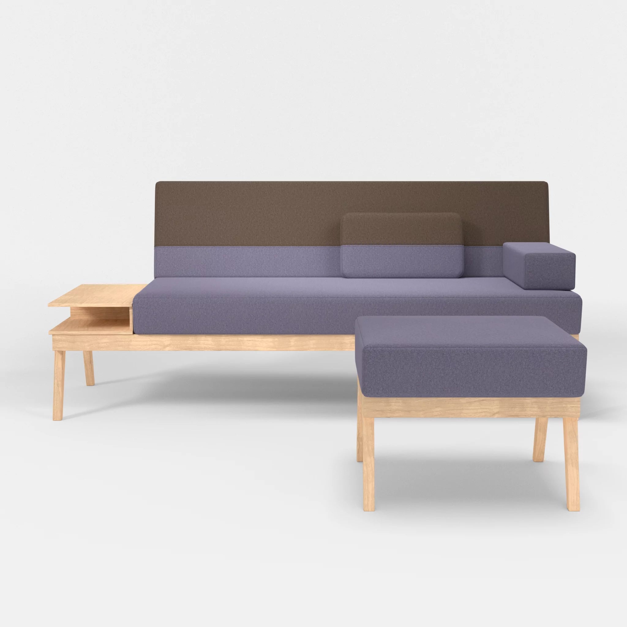 3er Sitzsofa Bauz mit Ablage links und Pouf dama0039-dama0051 in Flieder und Braun von vorne