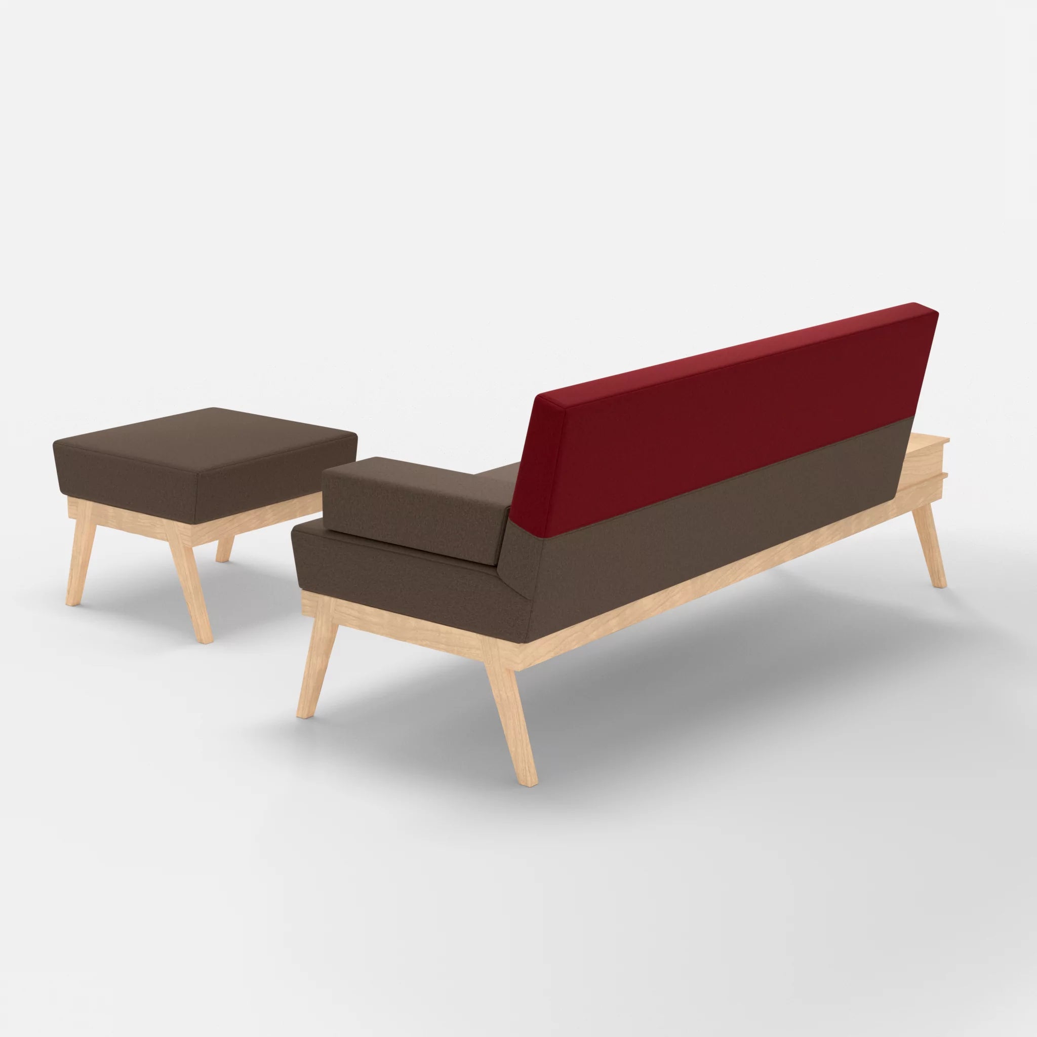 3er Sitzsofa Bauz mit Ablage links und Pouf dama0051-dama0053 in Braun und Rot von hinten