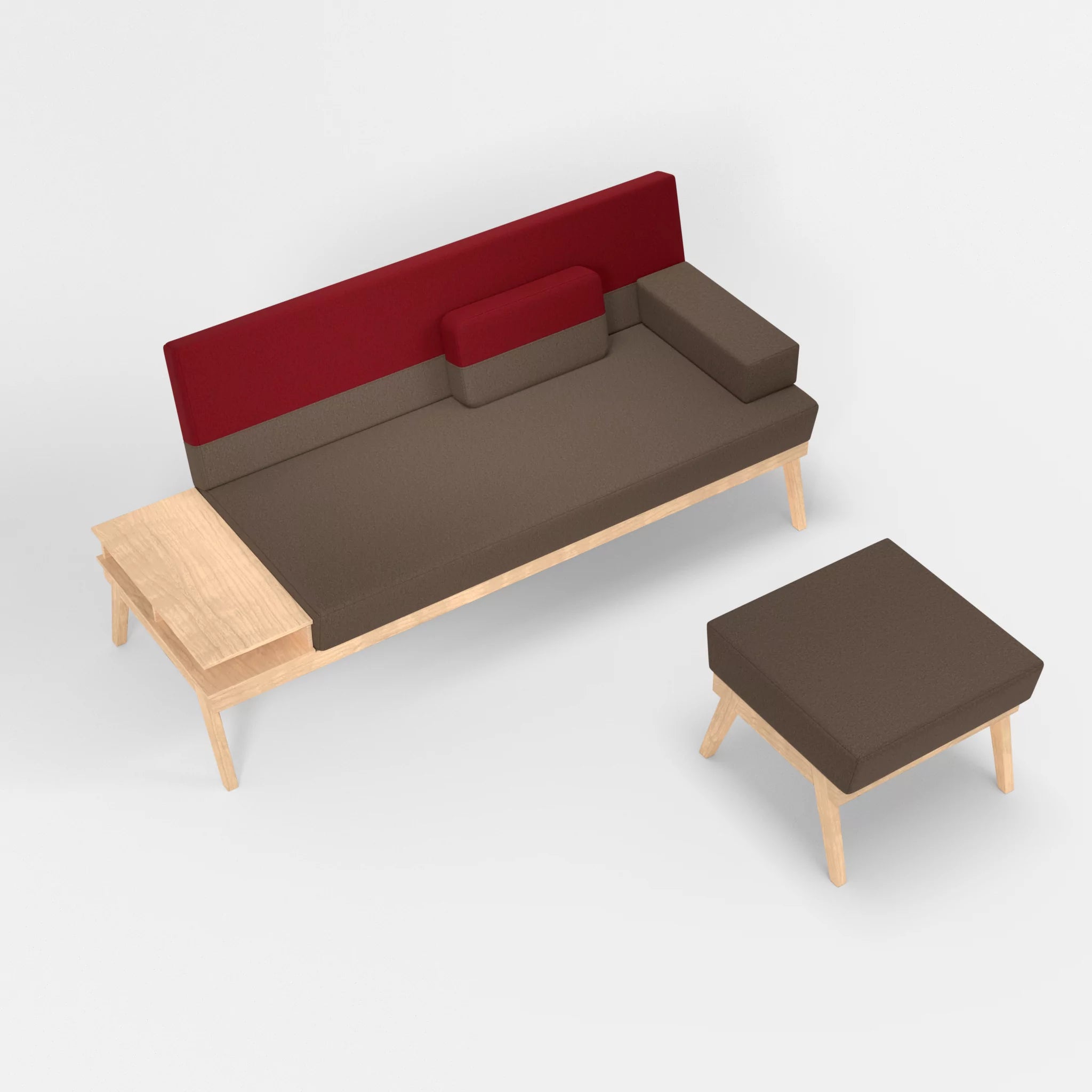3er Sitzsofa Bauz mit Ablage links und Pouf dama0051-dama0053 in Braun und Rot von oben