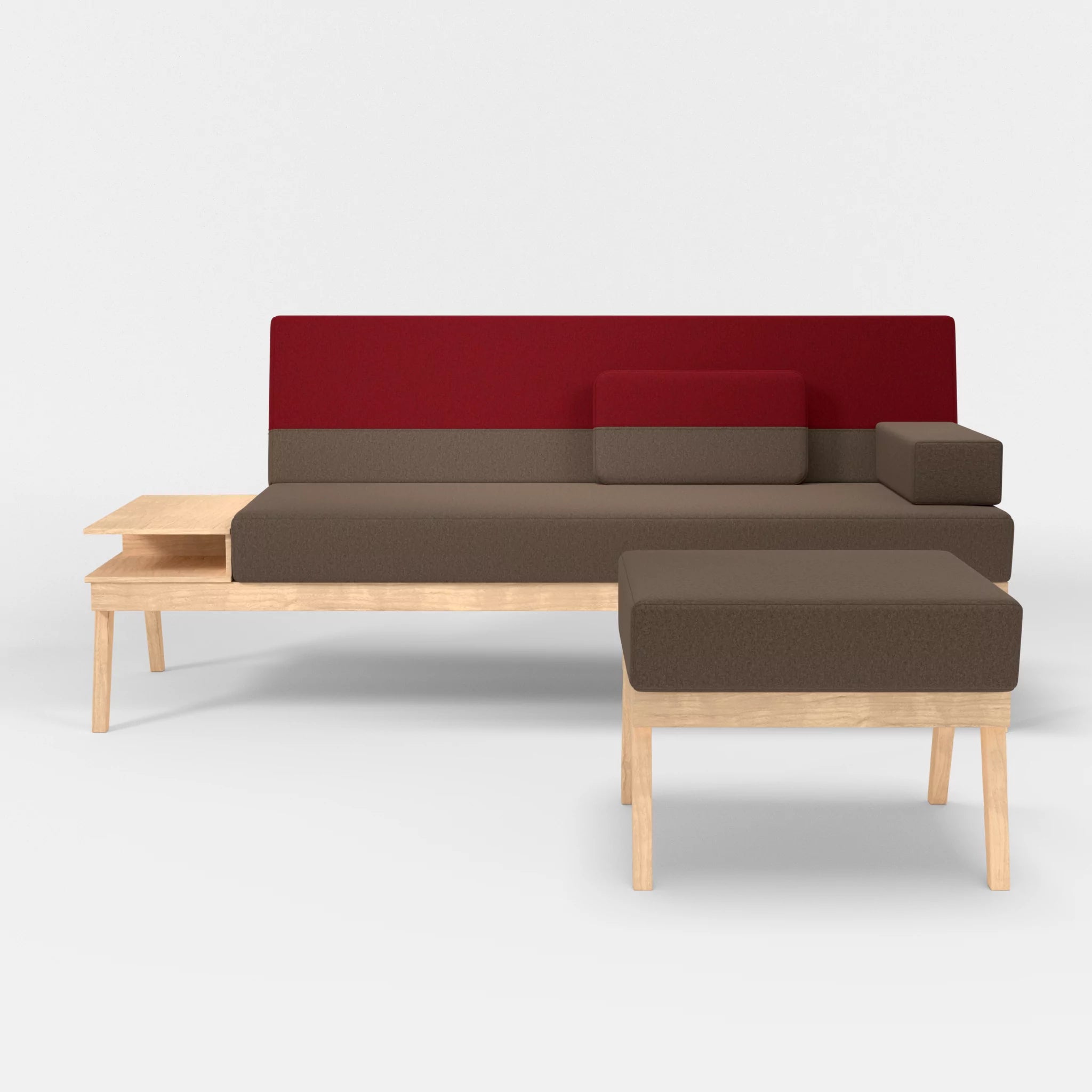3er Sitzsofa Bauz mit Ablage links und Pouf dama0051-dama0053 in Braun und Rot von vorne