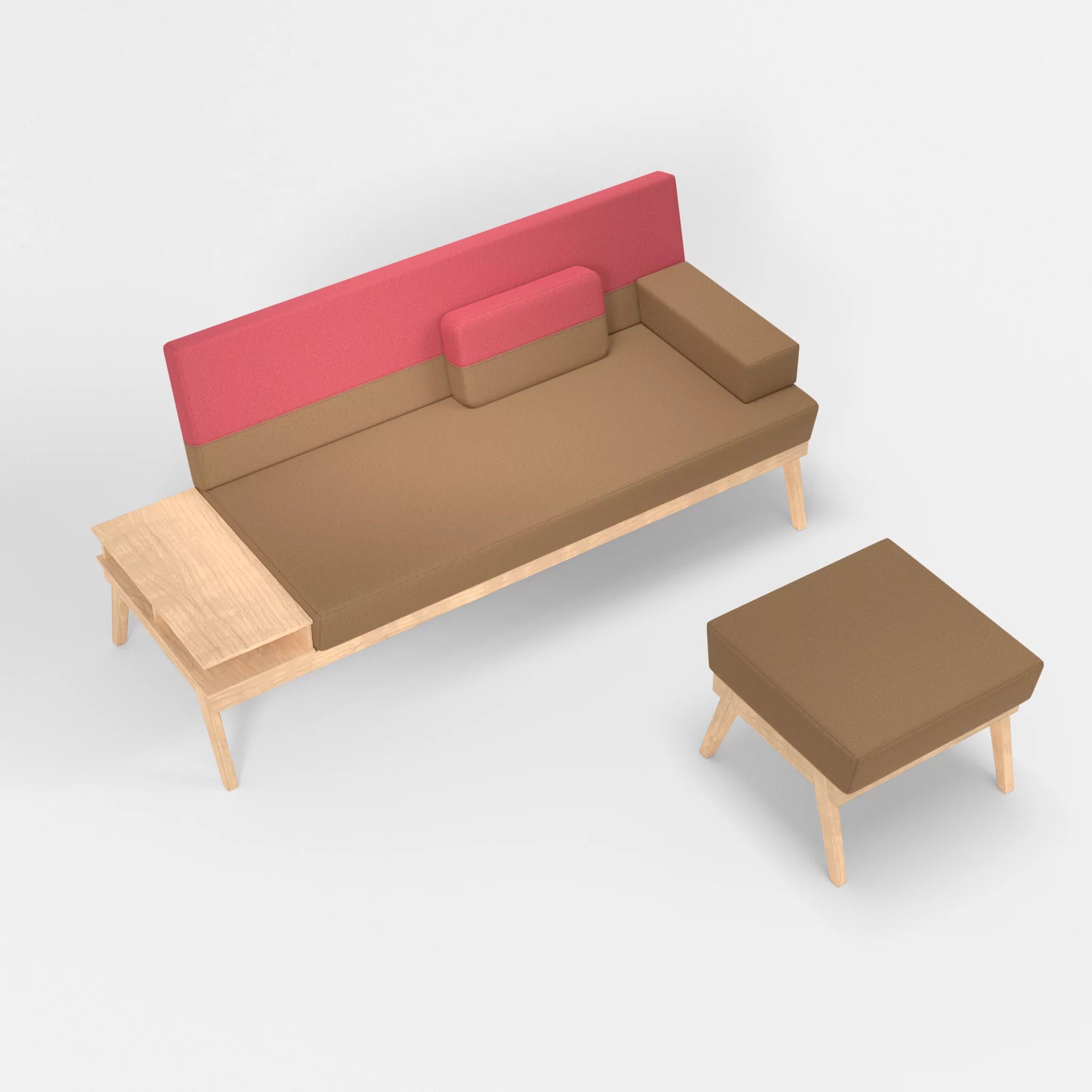 3er Sitzsofa Bauz mit Ablage links und Pouf dama0056-dama0083 in Beige und Pink von oben