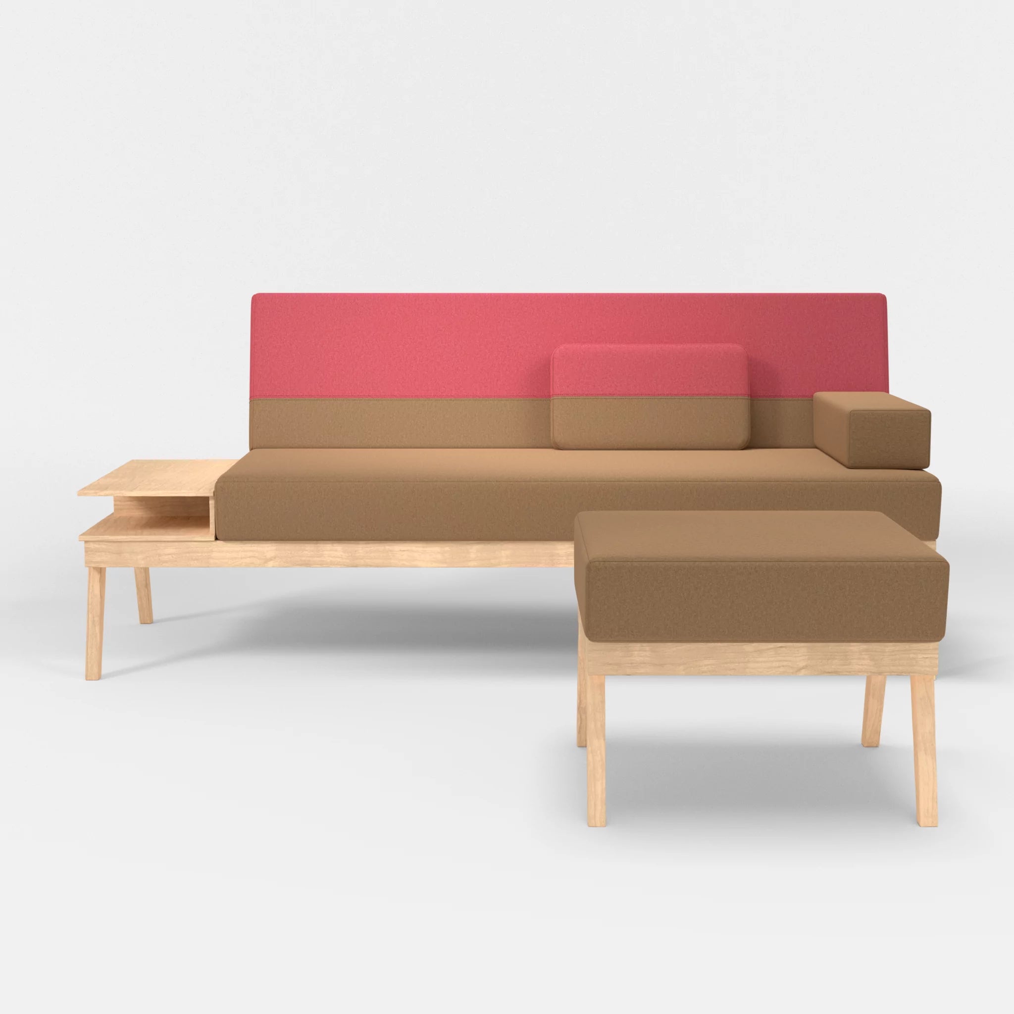 3er Sitzsofa Bauz mit Ablage links und Pouf dama0056-dama0083 in Beige und Pink von vorne