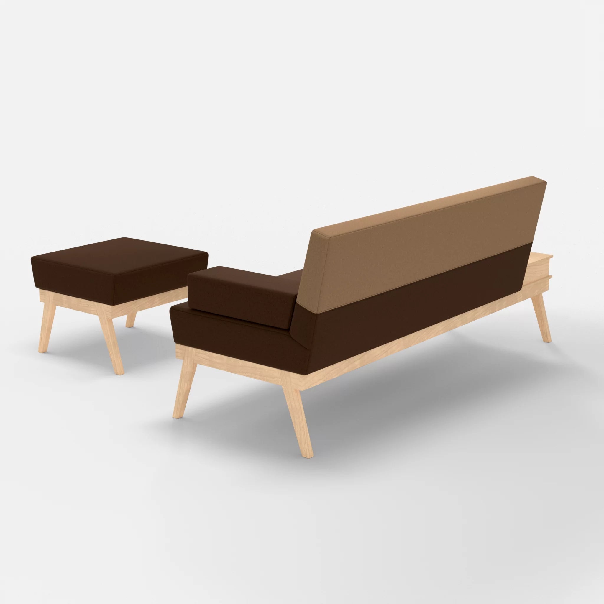 3er Sitzsofa Bauz mit Ablage links und Pouf dama0060-dama0056 in Braun und Beige von hinten