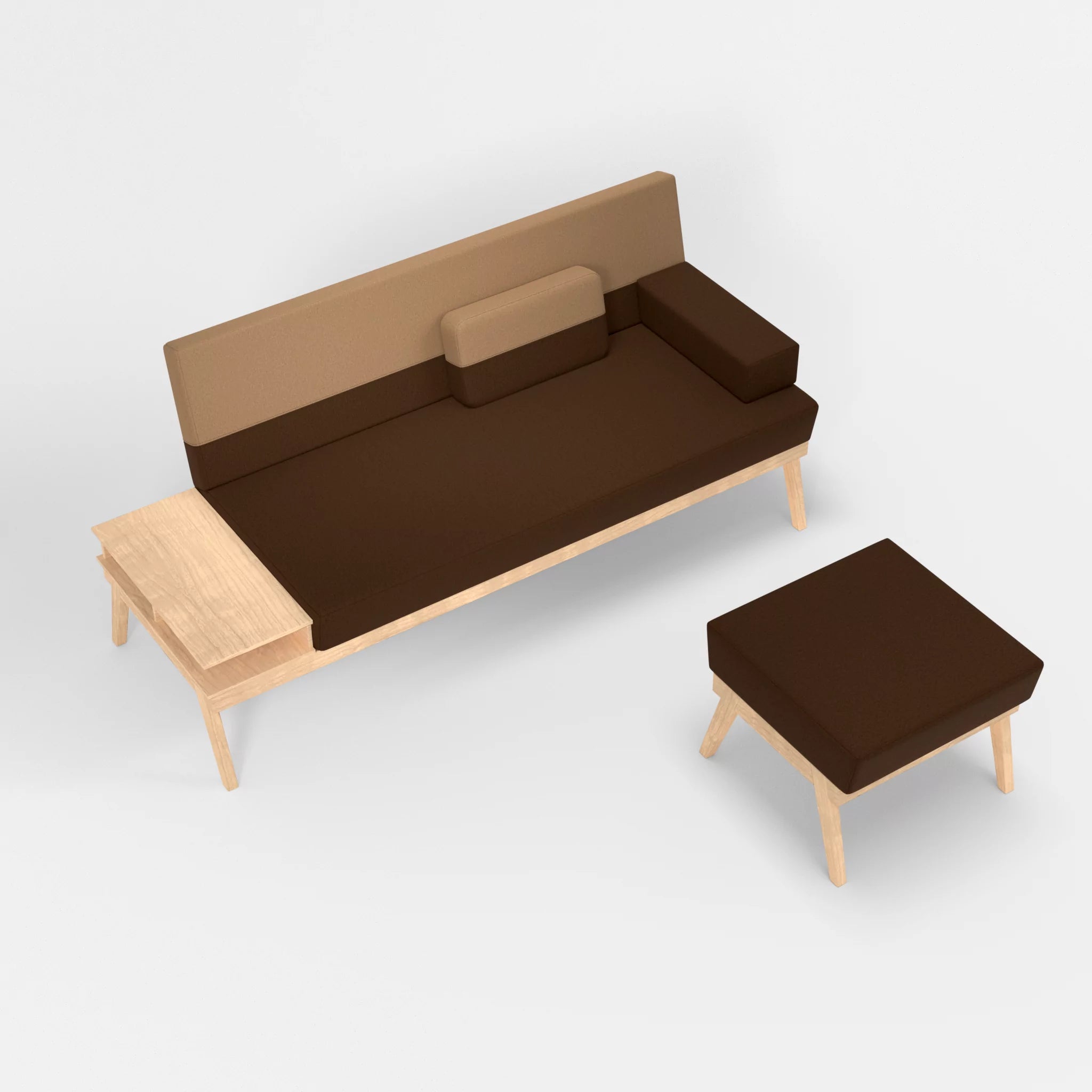 3er Sitzsofa Bauz mit Ablage links und Pouf dama0060-dama0056 in Braun und Beige von oben