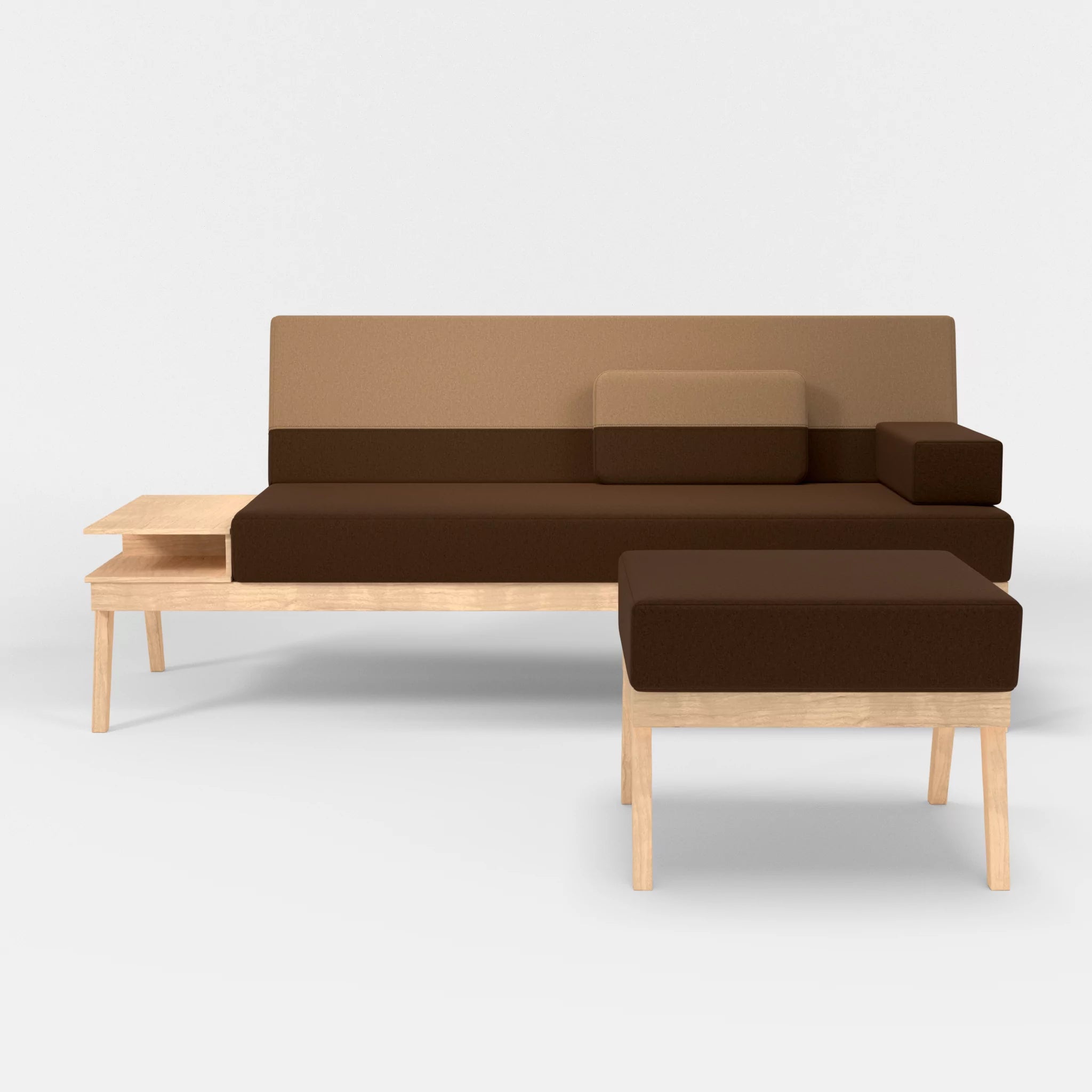 3er Sitzsofa Bauz mit Ablage links und Pouf dama0060-dama0056 in Braun und Beige von vorne