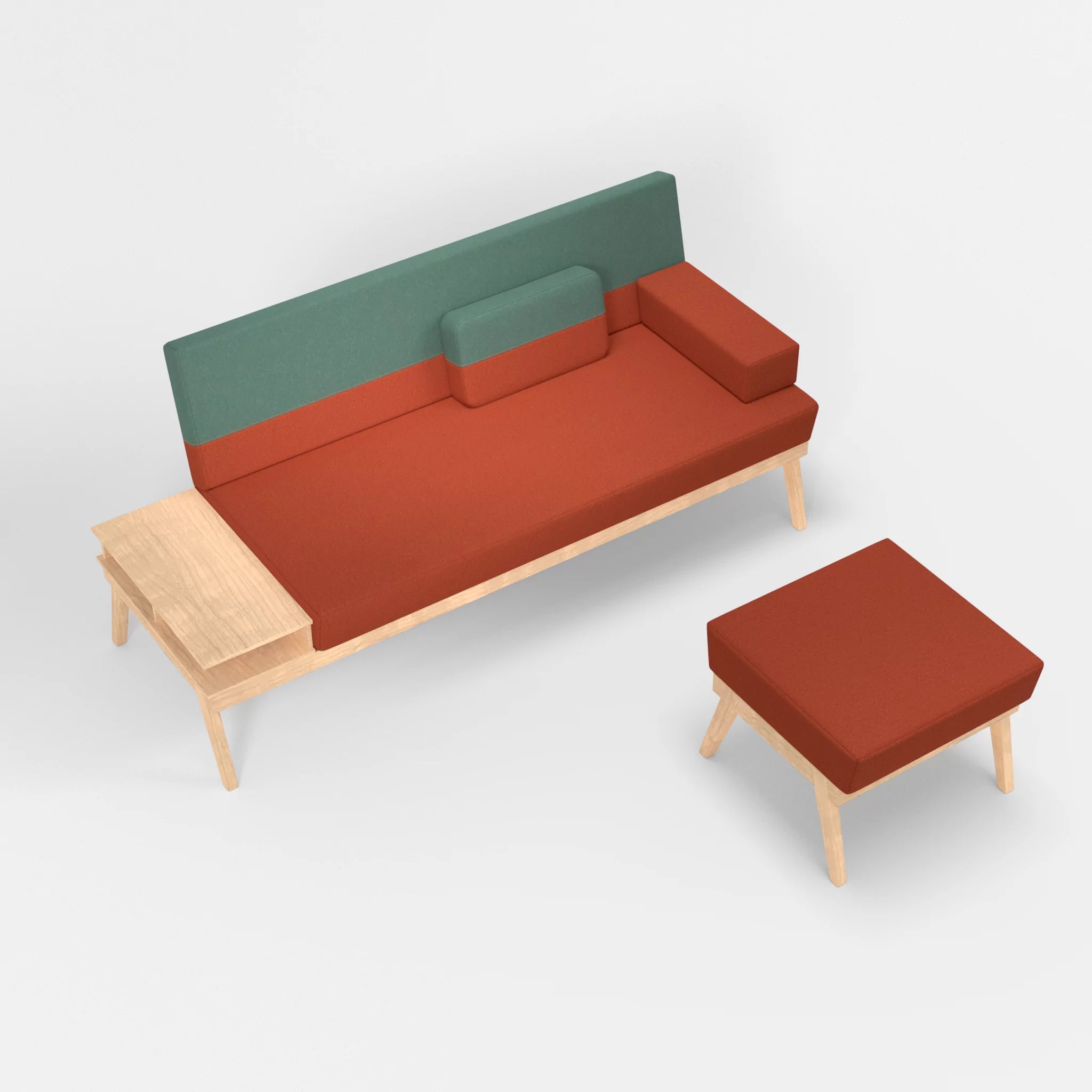 3er Sitzsofa Bauz mit Ablage links und Pouf dama0062-dama0045 in Orange und Türkis von oben