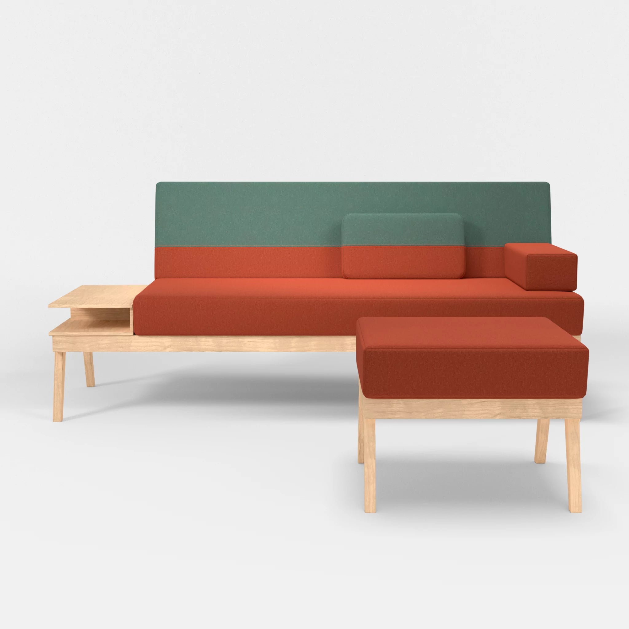 3er Sitzsofa Bauz mit Ablage links und Pouf dama0062-dama0045 in Orange und Türkis von vorne