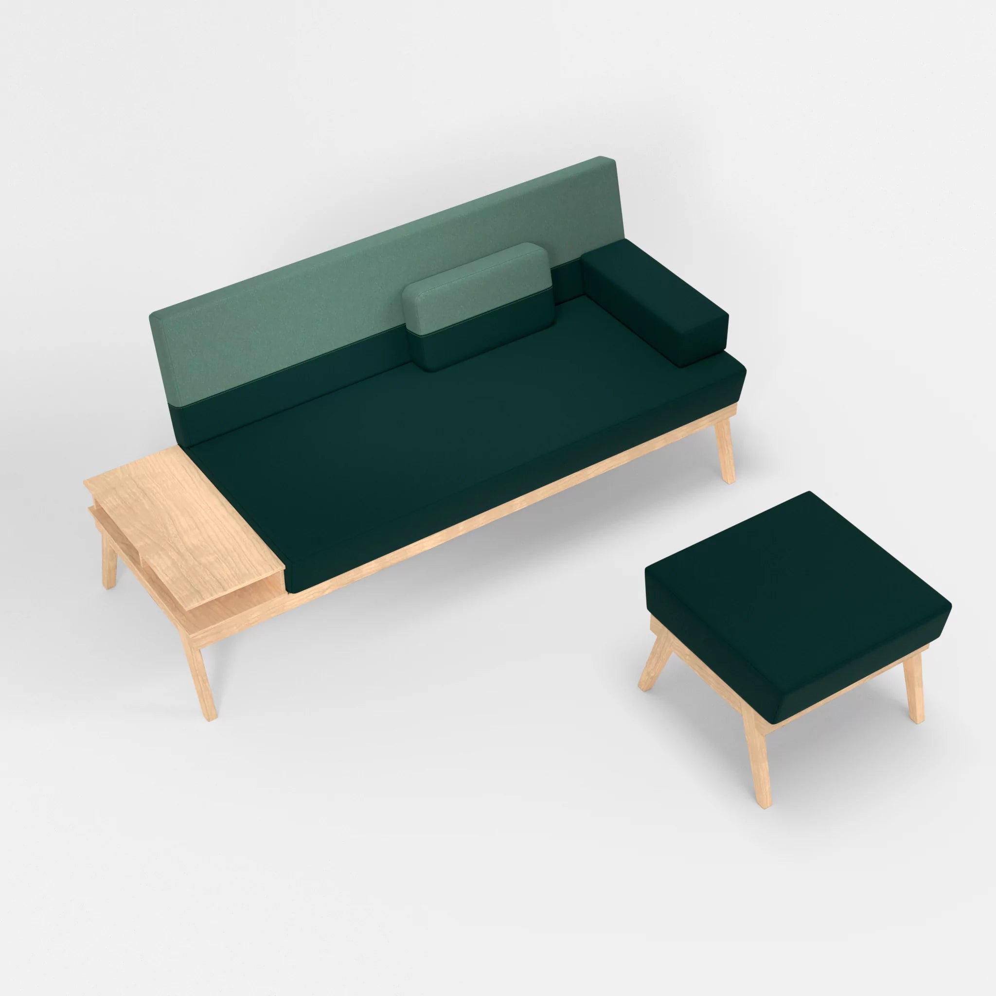 3er Sitzsofa Bauz mit Ablage links und Pouf dama0073-dama0045 in Petrol und Türkis von oben