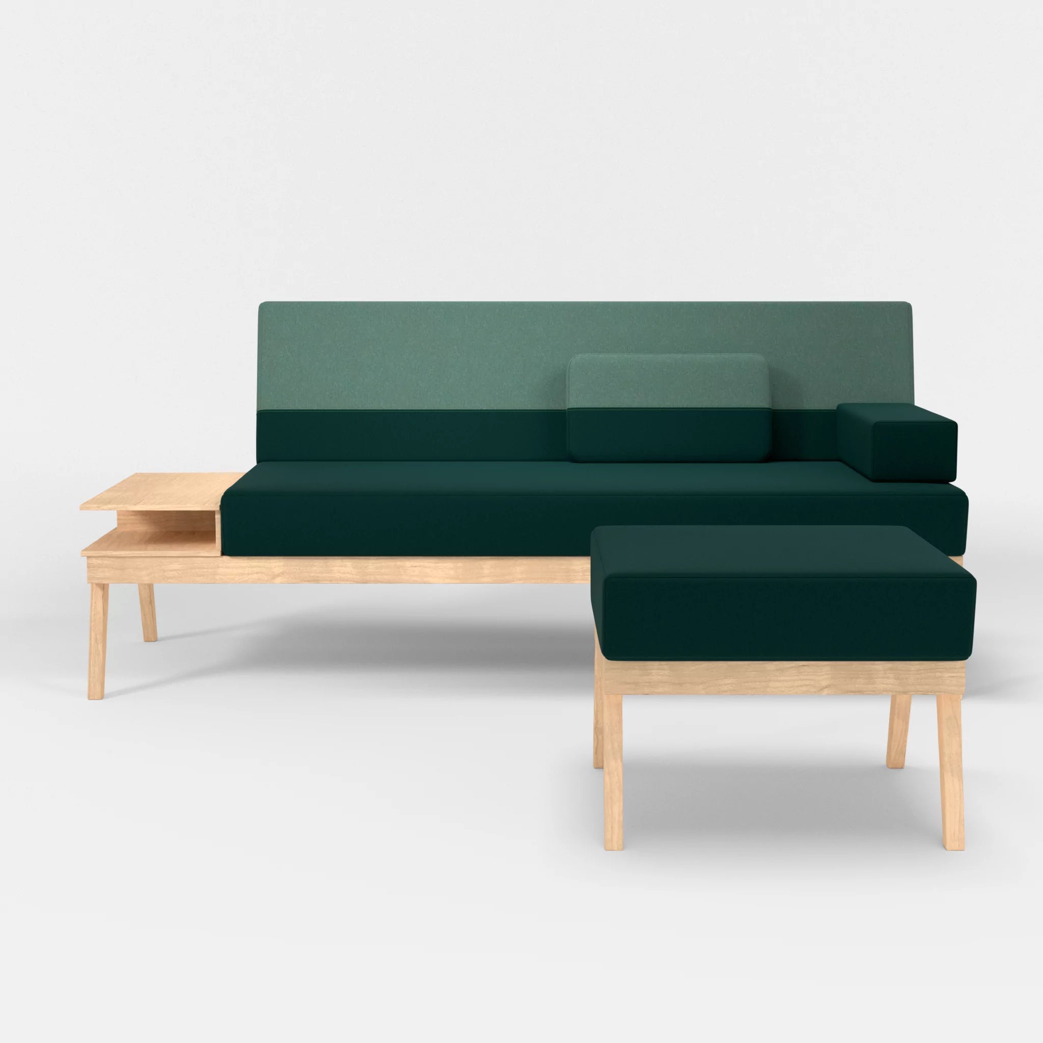 3er Sitzsofa Bauz mit Ablage links und Pouf dama0073-dama0045 in Petrol und Türkis von vorne