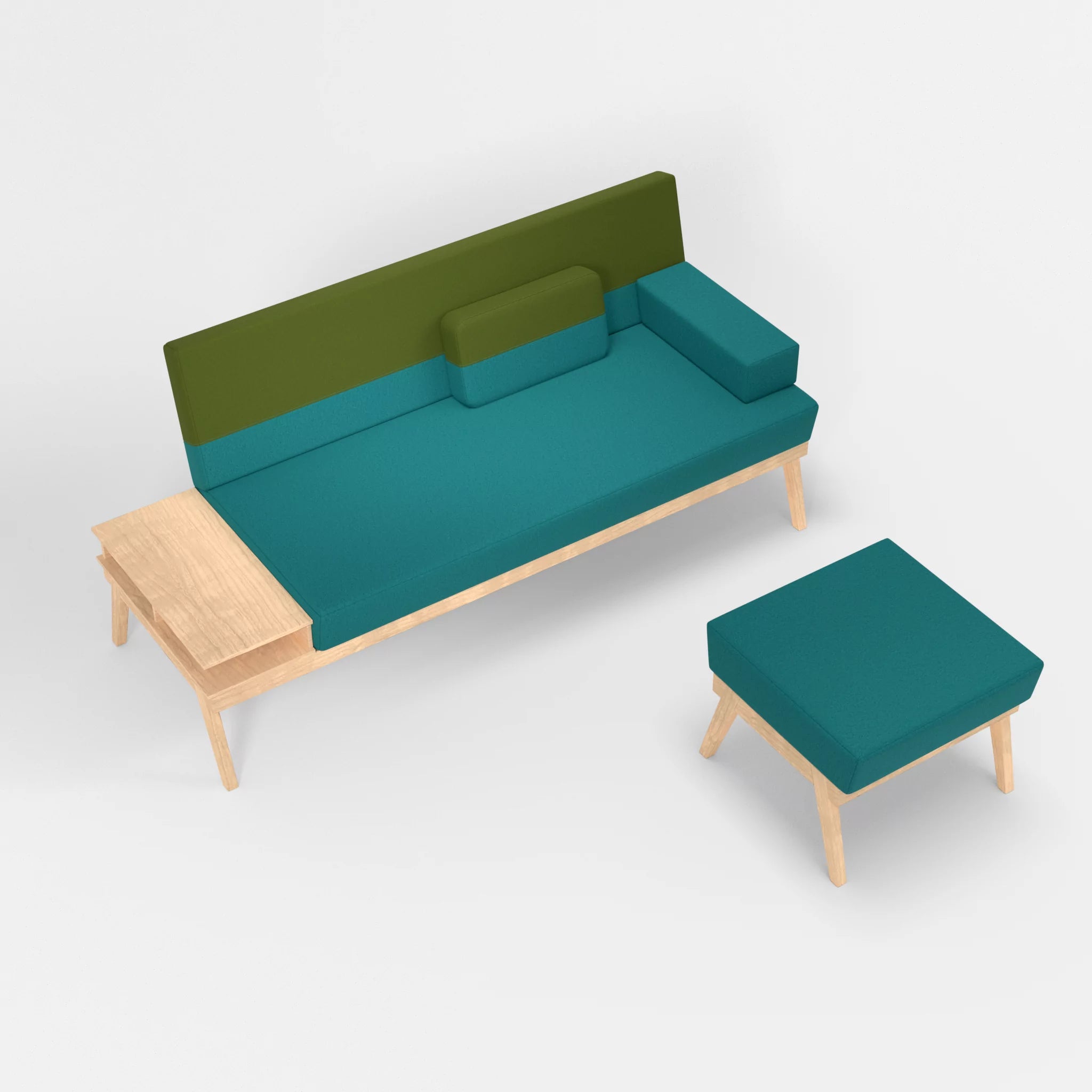 3er Sitzsofa Bauz mit Ablage links und Pouf dama0076-dama0059 in Türkis und Grün von oben