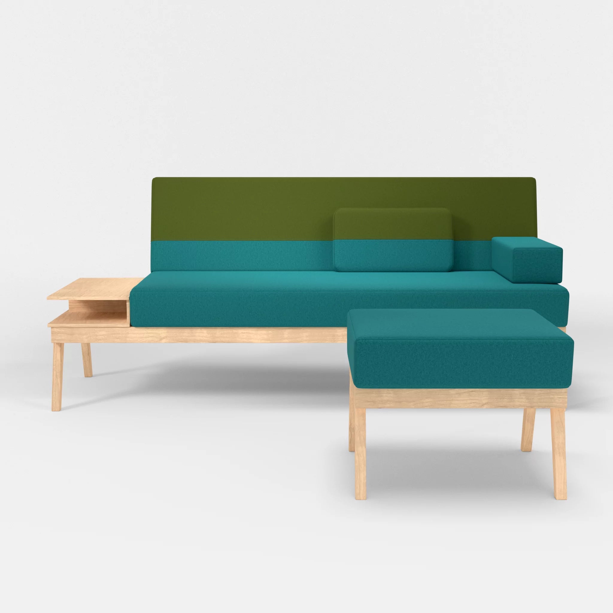3er Sitzsofa Bauz mit Ablage links und Pouf dama0076-dama0059 in Türkis und Grün von vorne