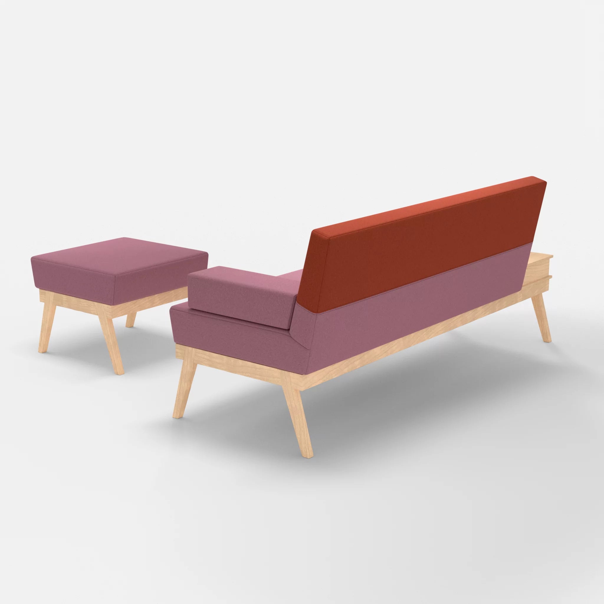 3er Sitzsofa Bauz mit Ablage links und Pouf dama0084-dama0062 in Rosa und Orange von hinten