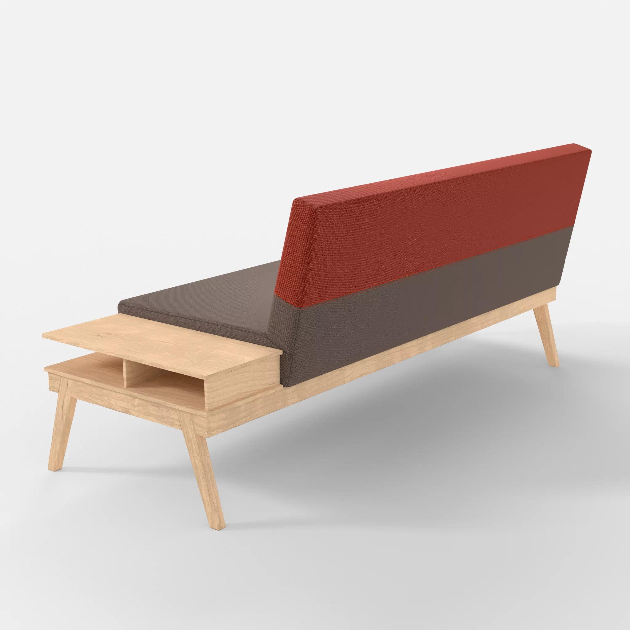 3er Sitzsofa Bauz mit Ablage rechts credowalnut-credolampion in Dunkelgrau und Rot von hinten