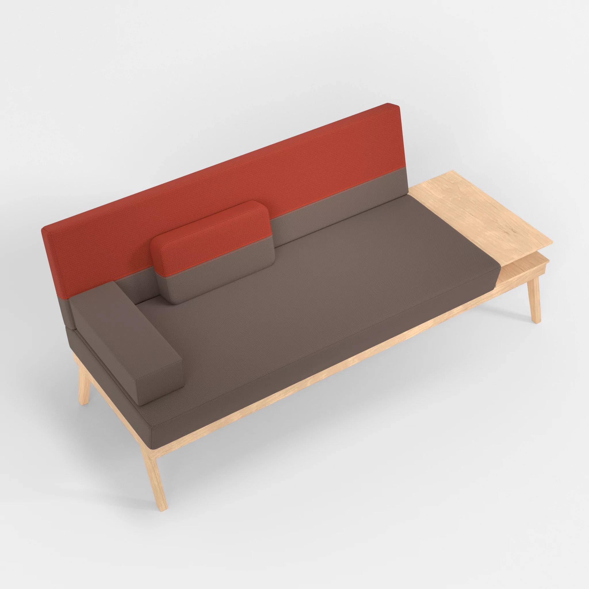 3er Sitzsofa Bauz mit Ablage rechts credowalnut-credolampion in Dunkelgrau und Rot von oben